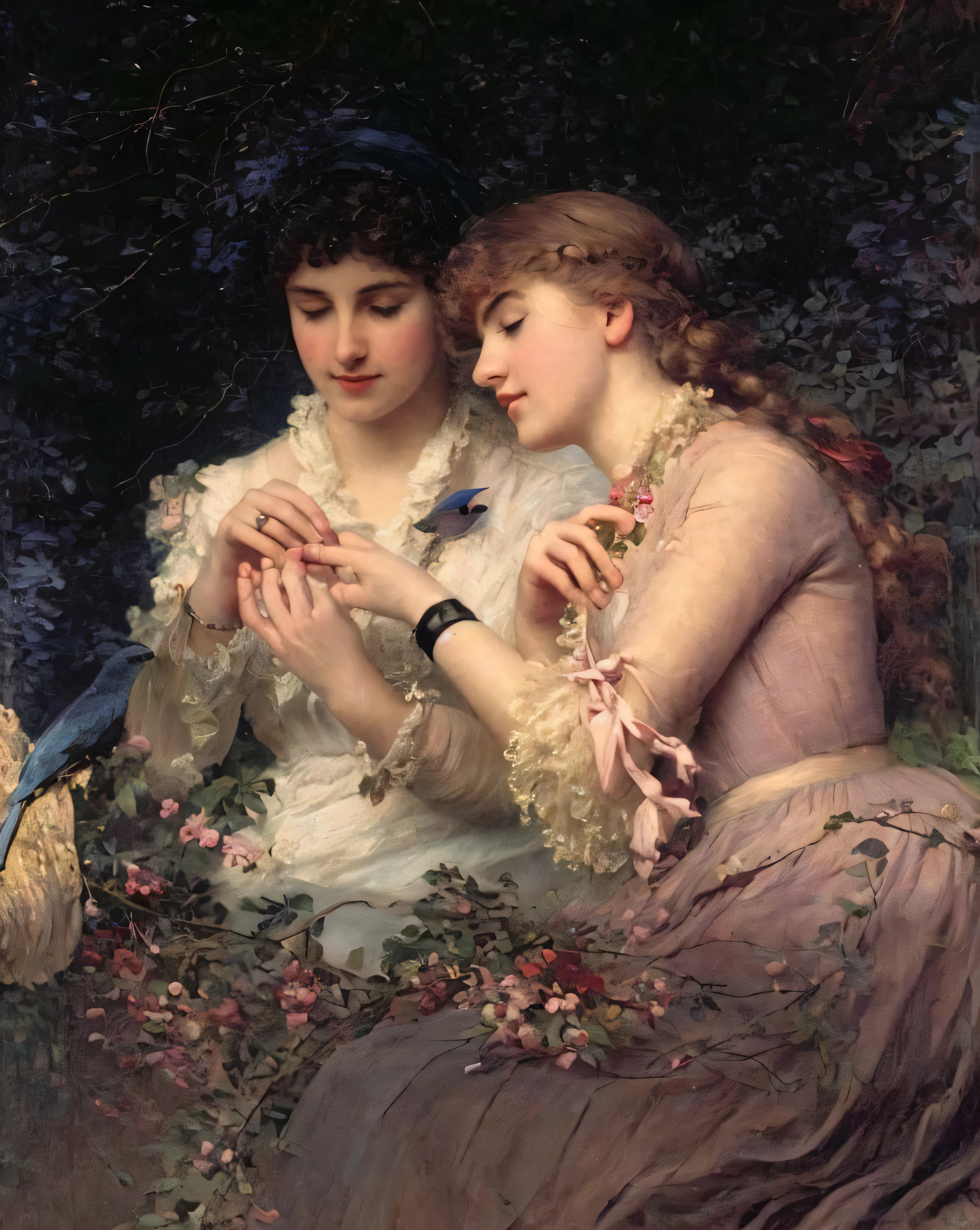 Painting of two women sitting on a bench with birds, Albert Lynch, Charles Silem Ridderdale, Sophie Anderson, romantic era painting, Victorian era painting, George Goodwin Kilburn, William Edouard Scott, Julius LeBlanc Stewart, pre - raphaelite beautiful, Henry Maynell Reham, pre-raphaelite oil painting, Frank Dicksey