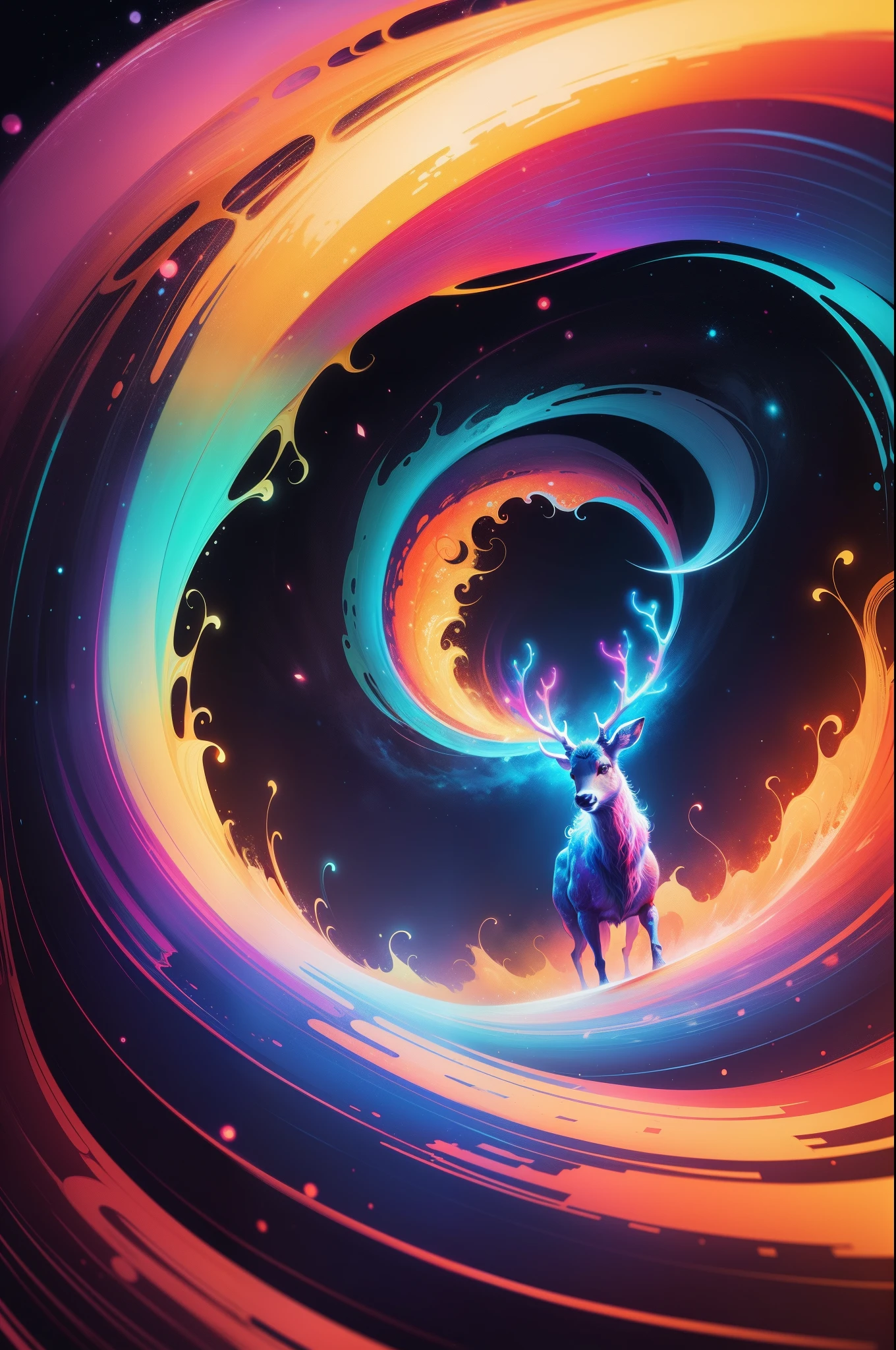 (Psychedelic painting of deer standing in front of colorful whirlpools), ((Multi-sewn large antlers, stag, Big head)), Light and shadow, Waves, Multi-layered, foreground, Distant view, fractal thunder dan mumford, Dan Mount Ford and Alex Gray style, psychedelic surreal art, surreal psychedelic design, Fantasy art style, Illusion psychedelic art, Infinite psychedelic waves, Inspired by Cyril Rolando, True corrugated structure, Psychedelic art style, trippy art, psychedelic illustrations，Bio-luminescence, vibrant, Colourful, Color, (Glowing, Glow), (Beautiful composition), Cinematic lighting, Intricate, (Symmetrical:0.5), Whimsical,