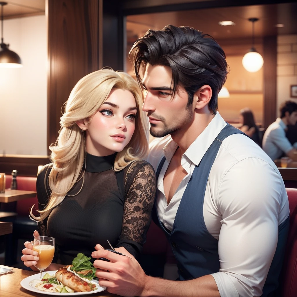 Describe a realistic scene in a restaurant where a man and a woman are sitting at a table, both dressed casually. The man is leaning in, listening intently to the woman, with a look of genuine interest on his face. The soft ambiance of the restaurant adds to the warmth of their conversation