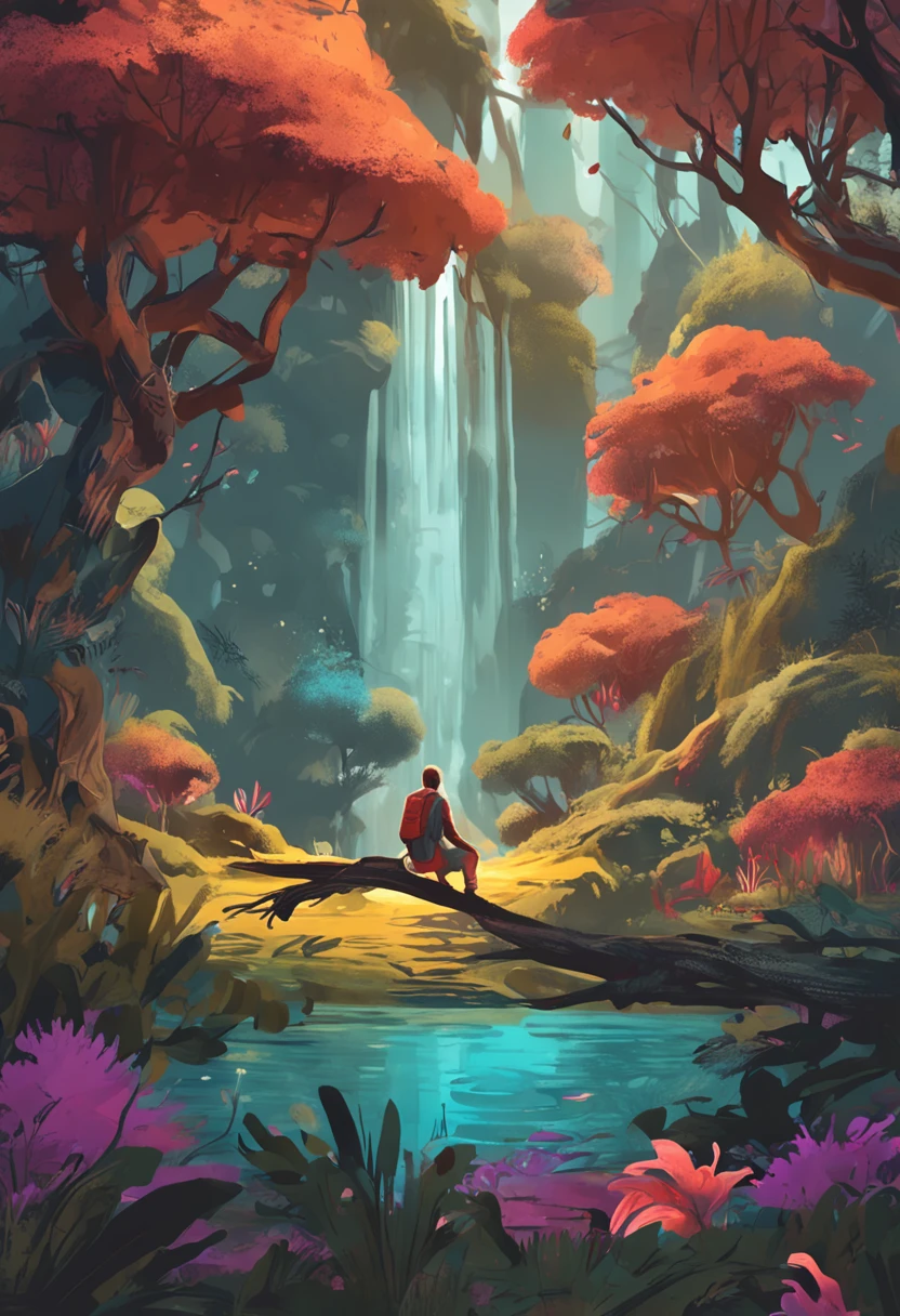 Nestled in an ancient forest、Illustration depicting a traveler searching for a magic fountain