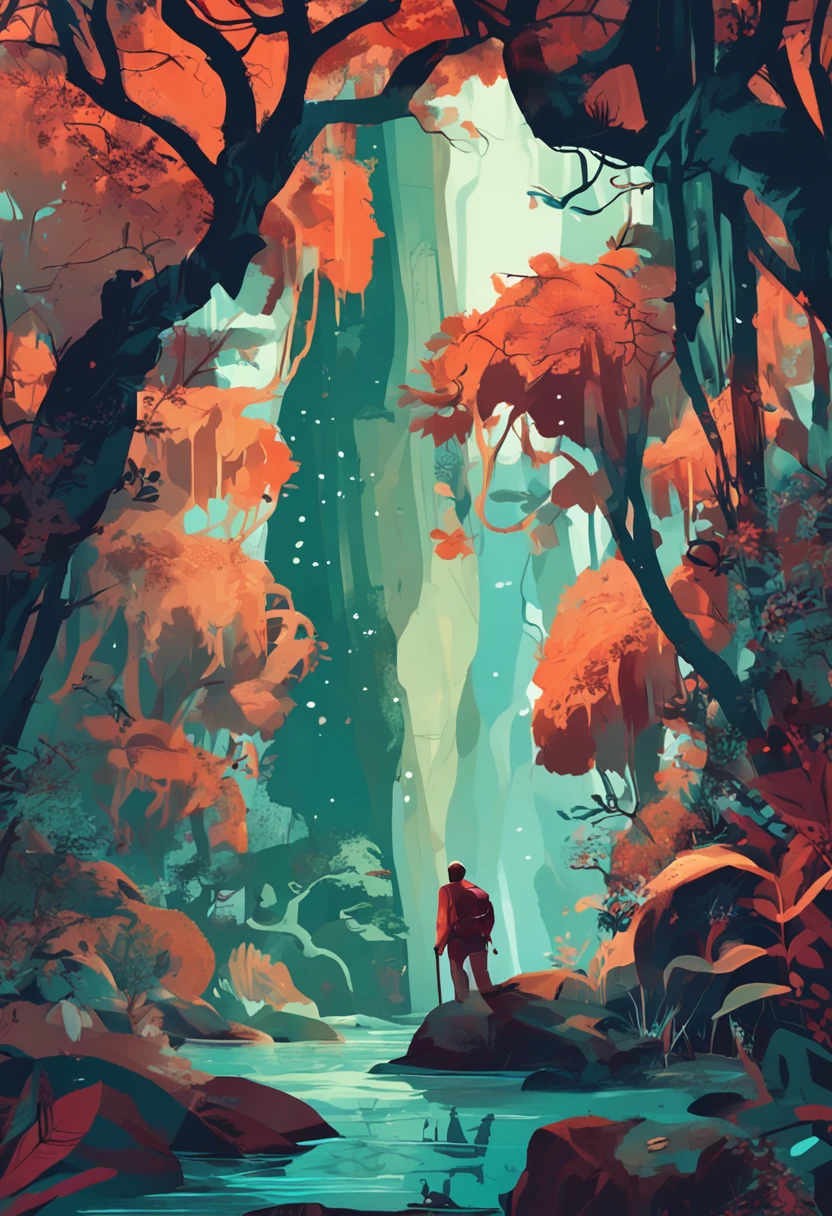 Nestled in an ancient forest、Illustration depicting a traveler searching for a magic fountain