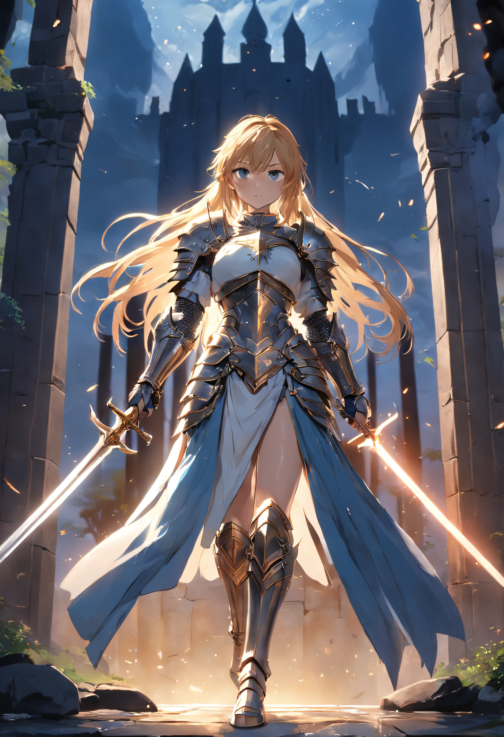 (extremely detailed CG unity 16k wallpaper:1.1), (Denoising strength: 1.45), (tmasterpiece:1.37), An intense, Close-up depiction of a woman in knightly armor. She stood on a stone bridge, The walls soar into the sky, Homem-Imponente, Behind him is magnificent. In her hand, she is holding a sword, Its edges sparkle in softness, The glow of the setting sun fades away. Her face was resolute, Show her inner strength and courage. Intricate details on the armor, Castle, And the sword brings the scene to life, realistic quality., god rays, sparkle, glowing light