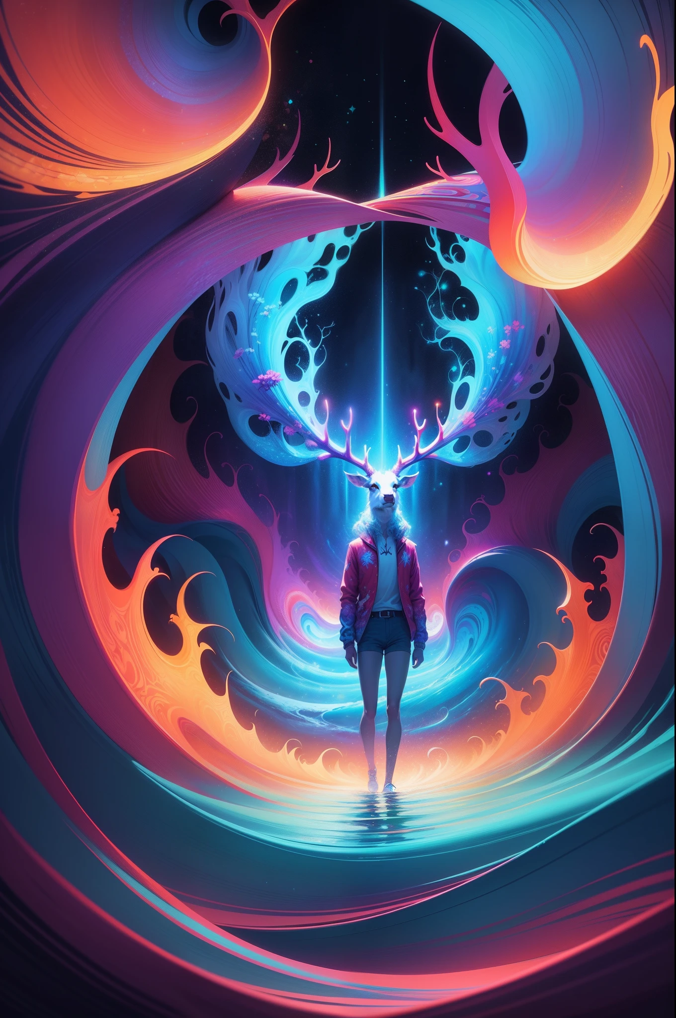 (Psychedelic painting of deer standing in front of colorful whirlpools), ((Multi-sewn large antlers, stag, Big head)), Light and shadow, Waves, Multi-layered, foreground, Distant view, fractal thunder dan mumford, Dan Mount Ford and Alex Gray style, psychedelic surreal art, surreal psychedelic design, Fantasy art style, Illusion psychedelic art, Infinite psychedelic waves, Inspired by Cyril Rolando, True corrugated structure, Psychedelic art style, trippy art, psychedelic illustrations，Bio-luminescence, vibrant, Colourful, Color, (Glowing, Glow), (Beautiful composition), Cinematic lighting, Intricate, (Symmetrical:0.5), Whimsical,