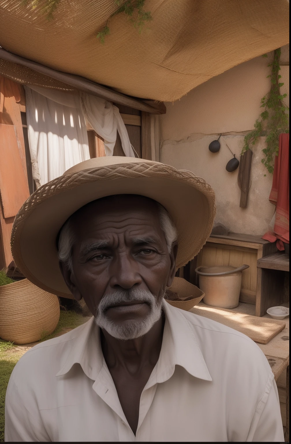 Num cantinho da varanda de madeira desgastada, sentava-se um preto velho de cerca de 90 anos, wearing a straw hat that had already witnessed decades of relentless sunshine. Seus olhos, deep and wise, They carried an ancestral sadness and a weariness built up over a lifetime full of stories. Sua pele, wrinkled like the tranquil waters of an ancient river, contou as narrativas das temporadas que passaram.
Colares de sementes coloridas, carefully interwoven, They adorned his neck like vivid memories of times past. Each seed seemed to have a story of its own, A chapter of experiences and connections with the world around you. Ao lado da mesa de madeira desgastada, A cup of steaming tea rested, emanating a comforting aroma that mixed the smell of the earth and the memories.
fotografiarrealista, fotografia, obra-prima, realista, Realismo, renderizado, Alto contraste, digital art photographyrealistic trend in Artstation 8k HD high definition detailed realistic, detalhado, textura da pele, hiper detalhado, textura de pele realista, armadura, melhor qualidade, ultra high-resolution, (fotografiarrealista: 1.4), alta resolução, detalhado, Calado bruto, sharp re, por lee jeffries Nikon D850 Filme Fotografia de Stock 4 Kodak Portra 400 Lente F1.6 Rich Colors Realistic Texture Dramatic Texture Dramatic Lighting Irrealengine Trend on Artstation Cinestill 800