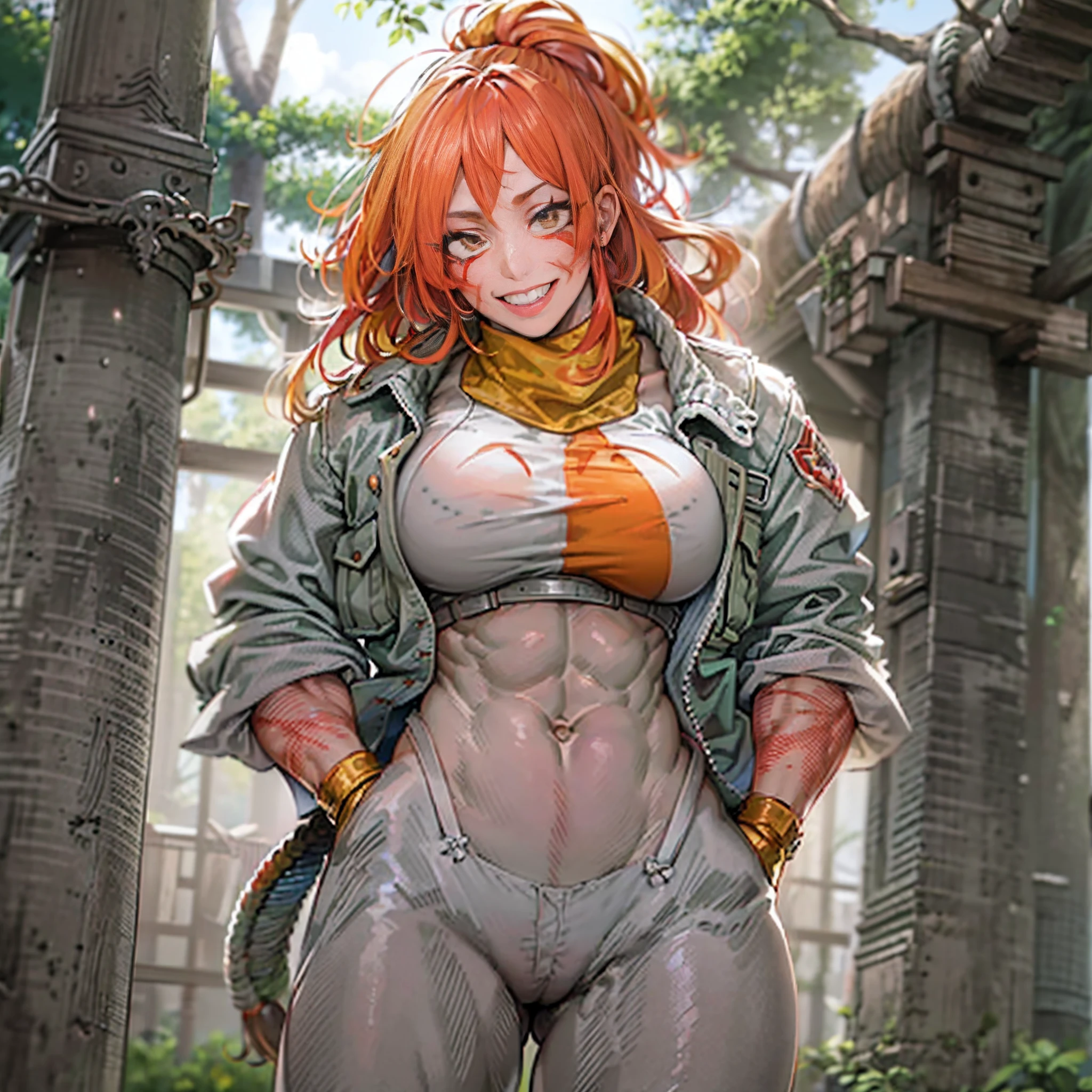 ((Masterpiece:1.3)), ((Best quality:1.4)), nous, Maintenant, grosse poitrine,bottes blanches, pantalon,manteau, Musclegirl, marche, sourire, cheveux longs, Contexte forestier, Ouest, portrait, Fuuma Kotaro, Tenkaichi, large muscular woman, orange Scarlet hair, veins on the muscles