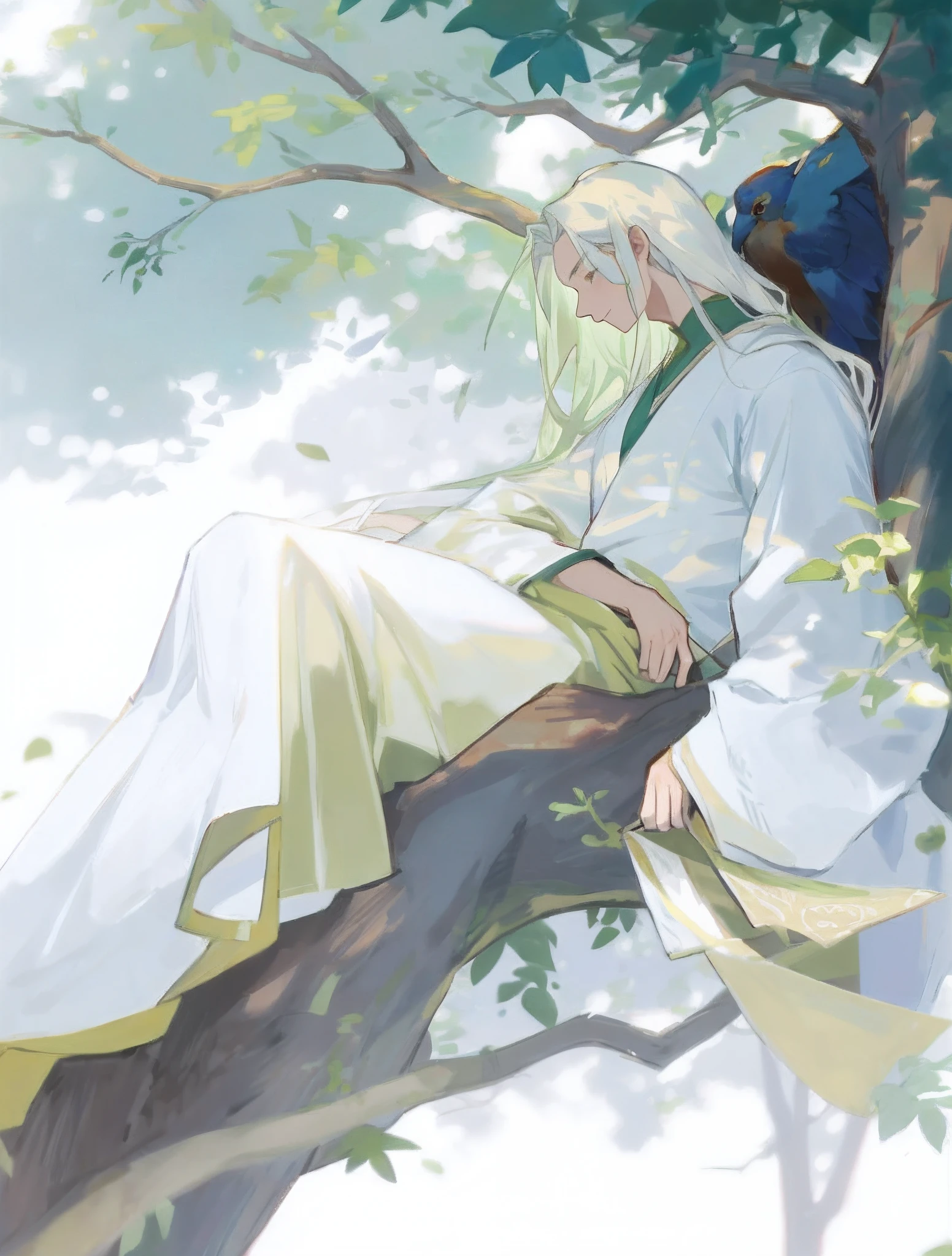 anime big breast,Boy sitting on a tree branch in green Han costume, A flowing green robe, ((Long flowing white hair)),Left-handed folding fan,The right hand falls on the wine altar,Bluebirds perched on tree branches,Shade,Foliage,Beautiful Peace Scene, aethereal,Quiet and peaceful,go to bed