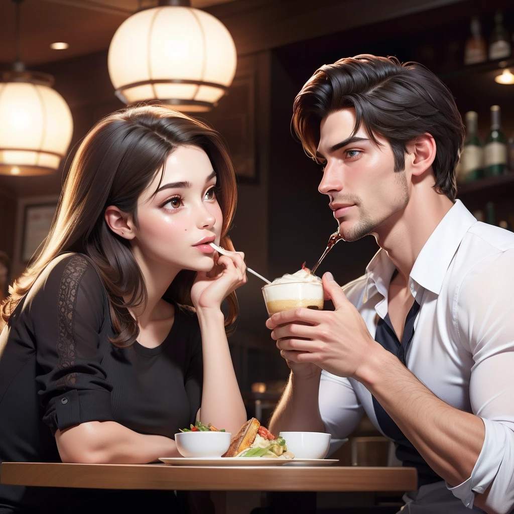 A pretty girl with a handsome hot looking man, eating at a restaurant together, highly detailed pictures