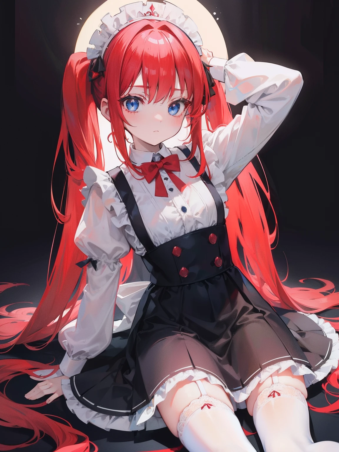 red hair,blue eyes,twintails,maid, long hair, long sleeves, gothic, solo, loli,Short skirt, white stockings,{{best quality}}, {{masterpiece}}, {{ultra-detailed}}, {illustration}, {detailed light}, {an extremely delicate and beautiful}, girl,cute,