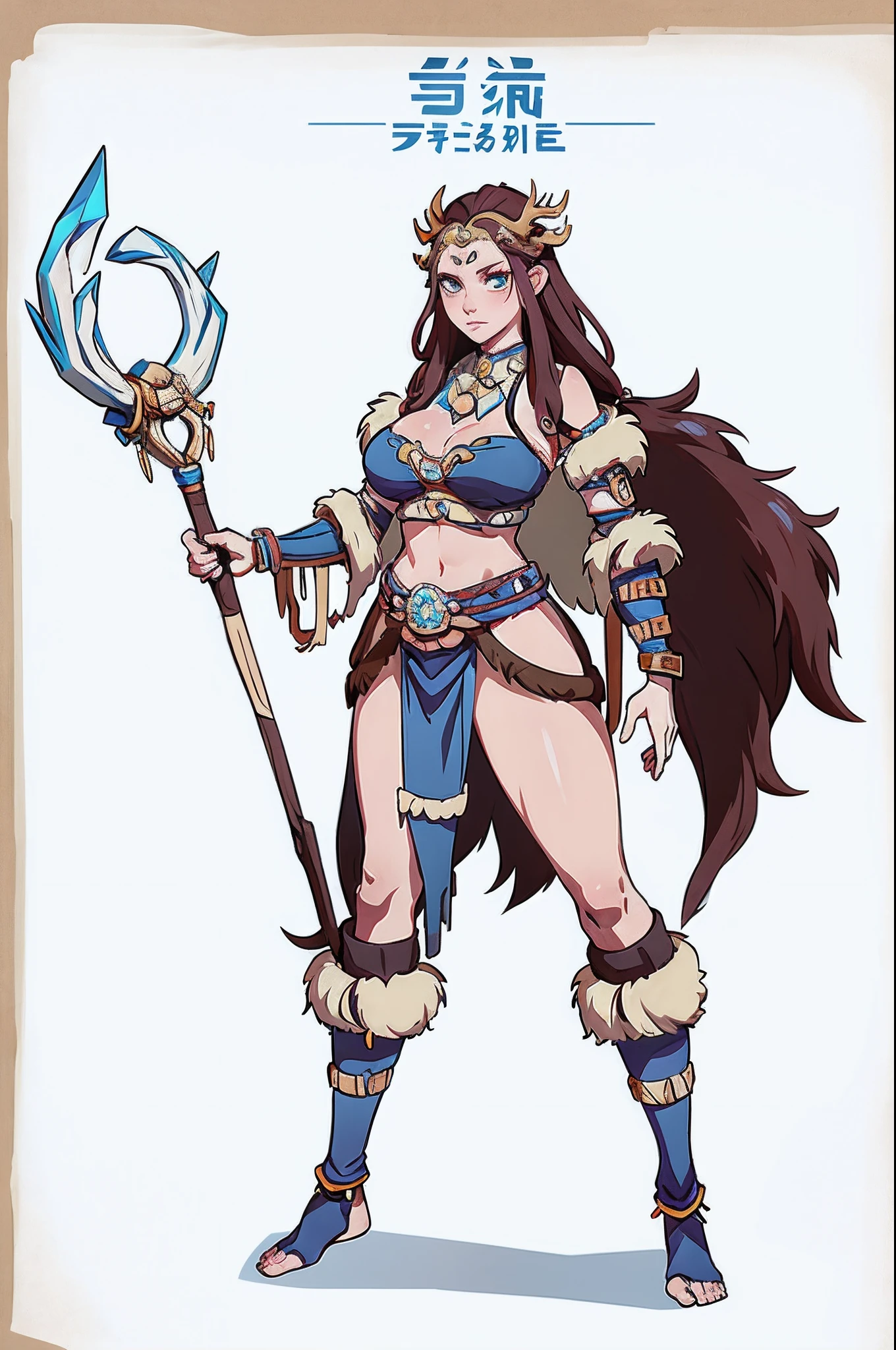 1个Giant Breast Girl、独奏,full bodyesbian,standing on your feet,Ice Tribe,Winters。simple backgound,Magical fantasy design,character concept design,Beautiful face and eyes,tmasterpiece,best qualtiy,Best resolution,high definition detail