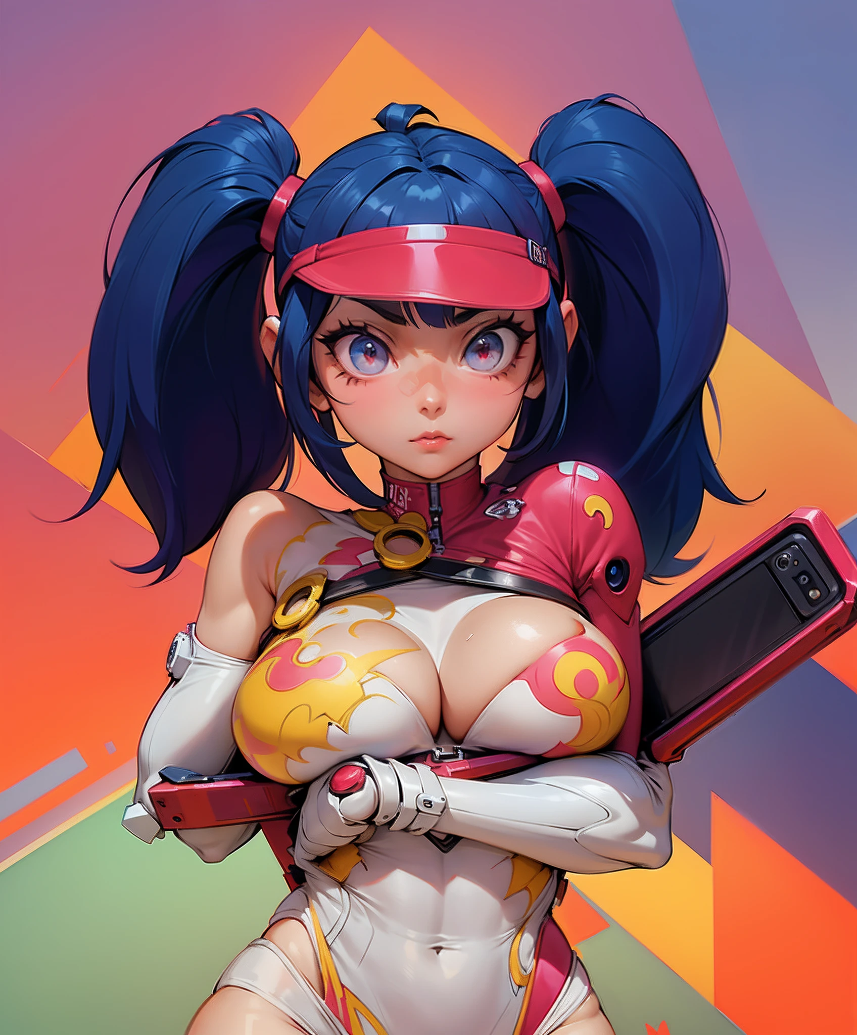 Menina anime com uma roupa rosa e amarela segurando um telefone celular, Artgerm extremamente detalhado, oppai cyberpunk, Artgerm colorido!!!, Modelo IG | Artgerm, biomechanical oppai, Krenz Cushart e Artgerm, Cushart Kenz, rossdraw desenho animado vibrante, estilo Artgerm, Artgerm 4K