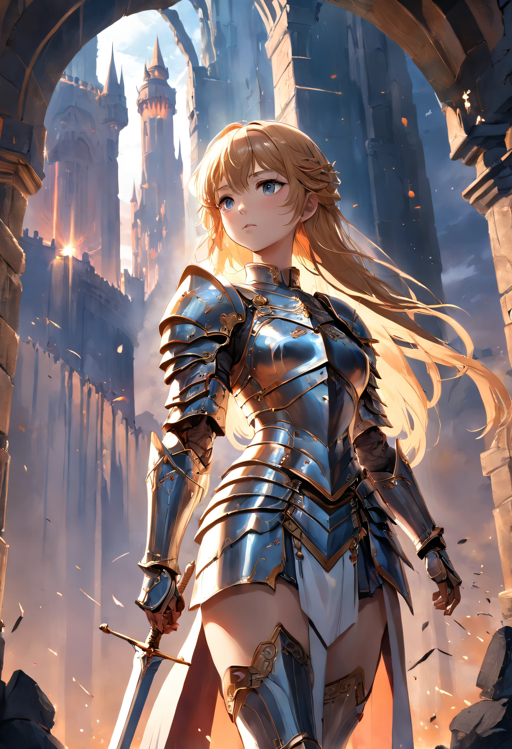 (extremely detailed CG unity 16k wallpaper:1.1), (Denoising strength: 1.45), (tmasterpiece:1.37), An intense, Close-up depiction of a woman in knightly armor. She stood on a stone bridge, The walls soar into the sky, Homem-Imponente, Behind him is magnificent. In her hand, she is holding a sword, Its edges sparkle in softness, The glow of the setting sun fades away. Her face was resolute, Show her inner strength and courage. Intricate details on the armor, Castle, And the sword brings the scene to life, realistic quality., god rays, sparkle, glowing light