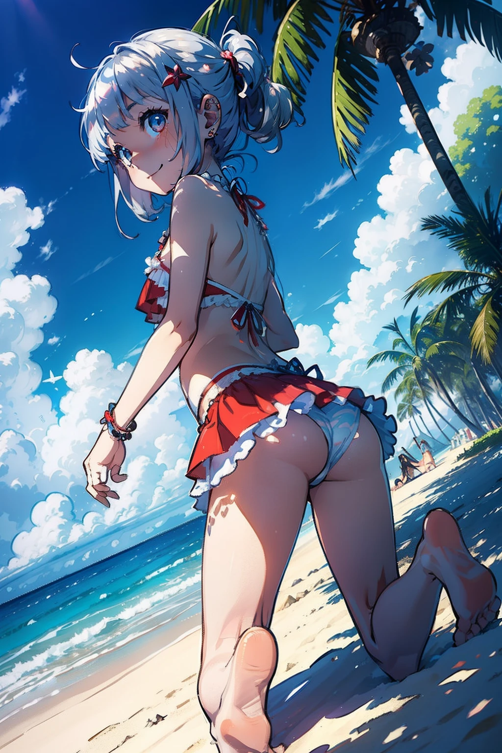 masterpiece, top-quality, Detailed details, Detailed landscapes, beatiful lights, Beautiful Shadows,one girls,12year old,(((open one's legs))),((is standing)),Child's body shape,huge smile,(innocent smiles),detailed skin textures,flipflops,long,Bunching hair,Silver hair ornament、silber hair,piercings、Silver necklace、Red bright eyes、Children's swimwear,Fluffy swimsuit,Flip fluffy mini skirt,sea side、beach parasol、L size drinks、blue-sky、llight rays、High contrast,(((Perspective from behind))),,(((((super low angle))))),(NSFW:0.4)