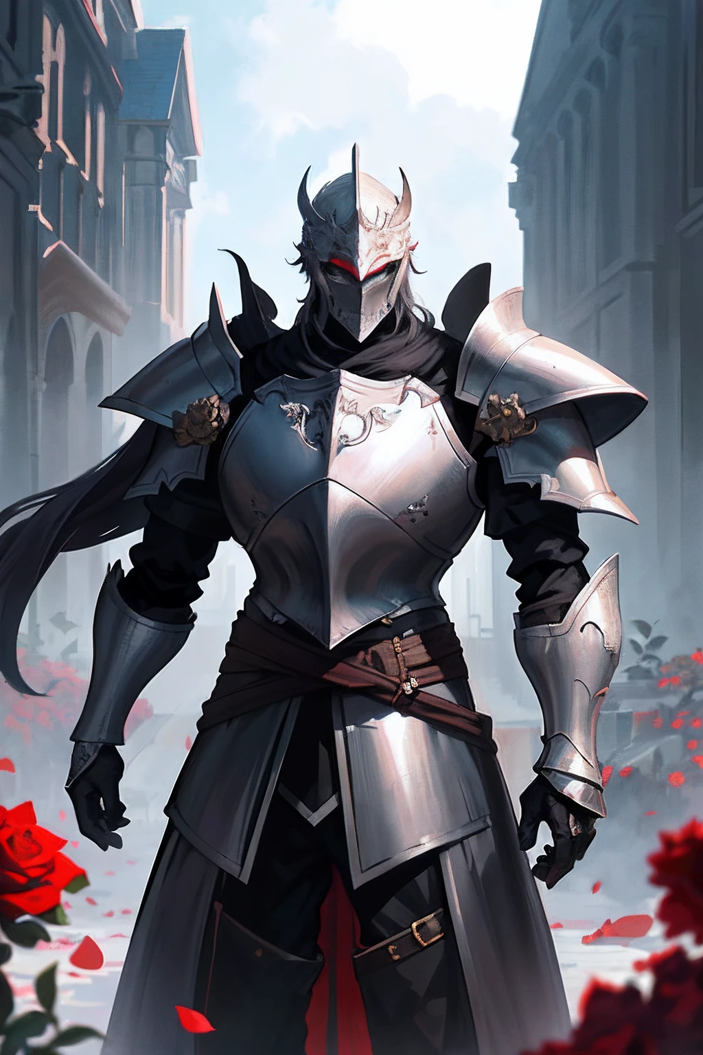 Original Character, Fantasy Concept Art, Volumetric Lighting, Best Shadows, Shallow Depth of Field, Portrait Of Noble Knight Man, Dignified, Delicate Tactical Heavy Armor, Opaque Visor, Face Armor, Pauldrons, Tasset Belt, Gauntlet, Poleyn, High Quality Armor Texture, Broad Shoulders, Extremely Tall. Sword Scabbard, Standing Tall, Crossed Arms, Looking At Viewer, Glaring Sunlight, Rose Garden, Rose Thornbush, (Highest Quality, Amazing Details:1.25), (Solo:1.3), Brilliant Colorful Paintings