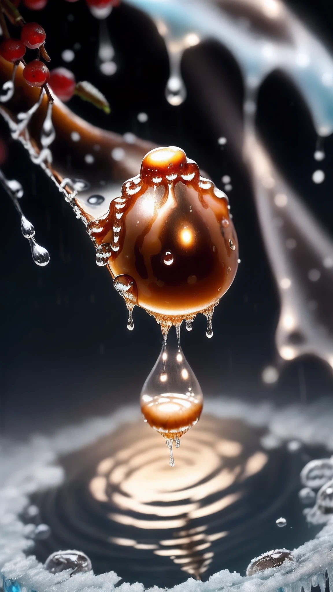 there is a drop of water hanging from a pine tree branch, mirror dripping droplet!, water droplets frozen in time, plant sap, water droplet, berries dripping, honey dripping, wet dripping, drop of waters, rain droplets frozen in time, mirror dripping droplet, frozen tear, tear drop, dripping honey, focus on droplets