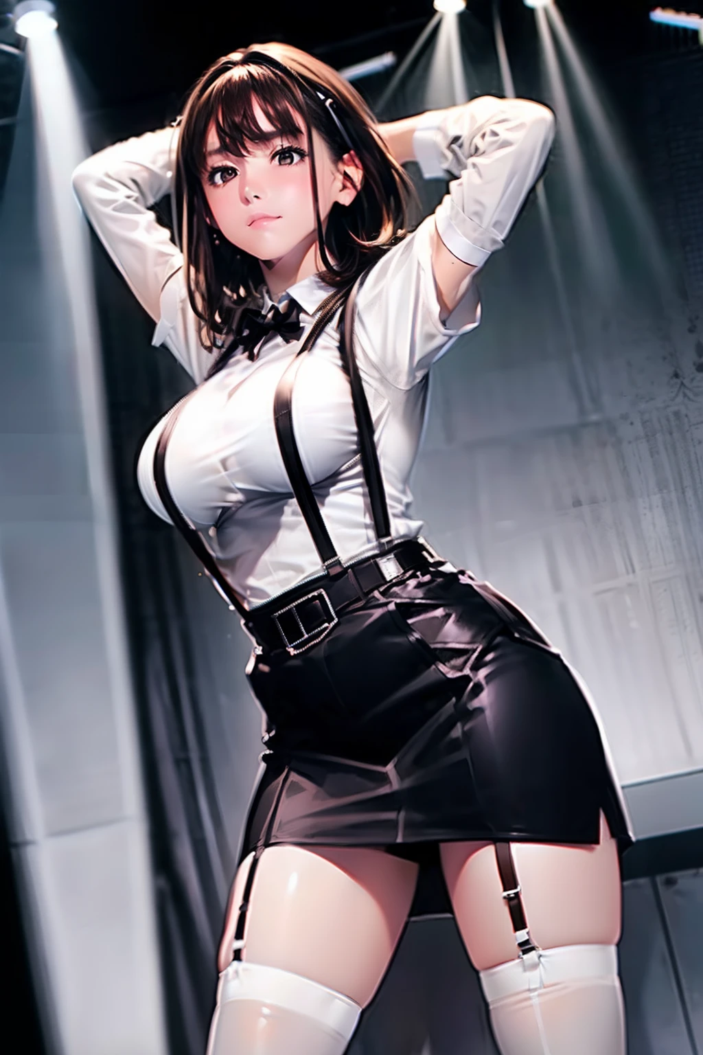 Black skirt, Tank Tops suspenders, Brown hair Gray eyes, Garter belt on the legs, Tight clothes, a belt Armpit sweat deadpan large full breasts short-cut