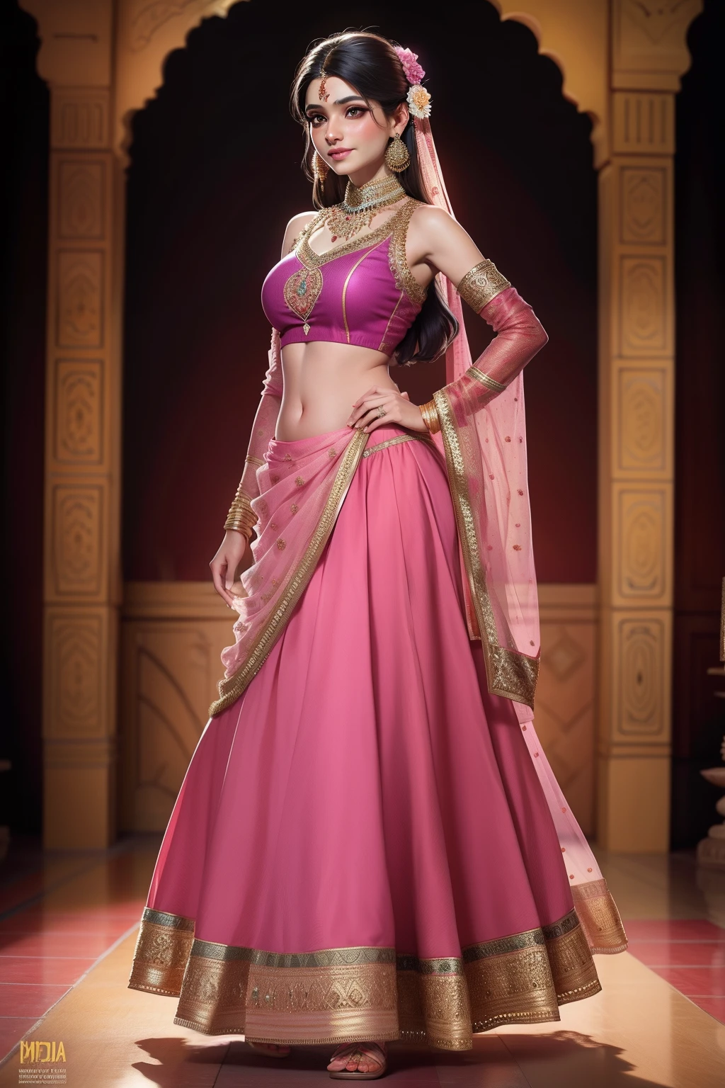 salwar kameez is often decorated with traditional embroidery or embellishments. Punjabi Salwar Suits can be worn to wedding functions, festive events, and parties.This is an erstwhile style originating in North India and promises to make a comeback in 2023. A lacha comes with a lehenga skirt or ghagra and a longer top-style choli. These skirts are usually lower in the embellishment scale when compared to lehenga skirts and are not very flared. Stunningly beautiful woman dressed in a indian traditional dress, flirty look, posing like a professional model, lovely smile, fair skin, feminine form, full body, colorful Indian festival background, film photography, analog photography, film grain, hyperrealism, radiant, vibrant, photorealistic, well-lit environment