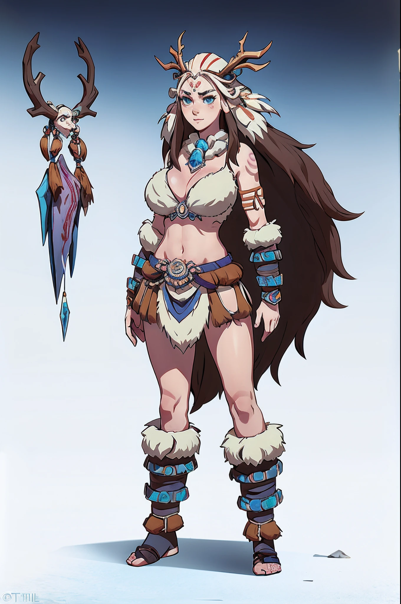 1个Giant Breast Girl、独奏，full bodyesbian，standing on your feet，Ice Tribe，Winters，simple backgound，Magical fantasy design，character concept design，Beautiful face and eyes，tmasterpiece，best qualtiy，Best resolution，high definition detail