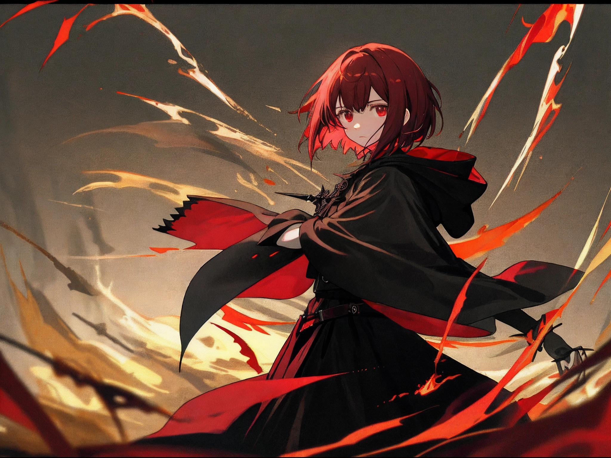 Short burgundy hair with rich details,Shawl straight hair,Anime style girl,The eyes are indifferent,No smile,with fair skin,Black long cloak with hood,Gothic style red skirt,Black translucent pantyhose,black leg rings,Dagger in hand,No sunlight,deep dark background,high-definition picture quality