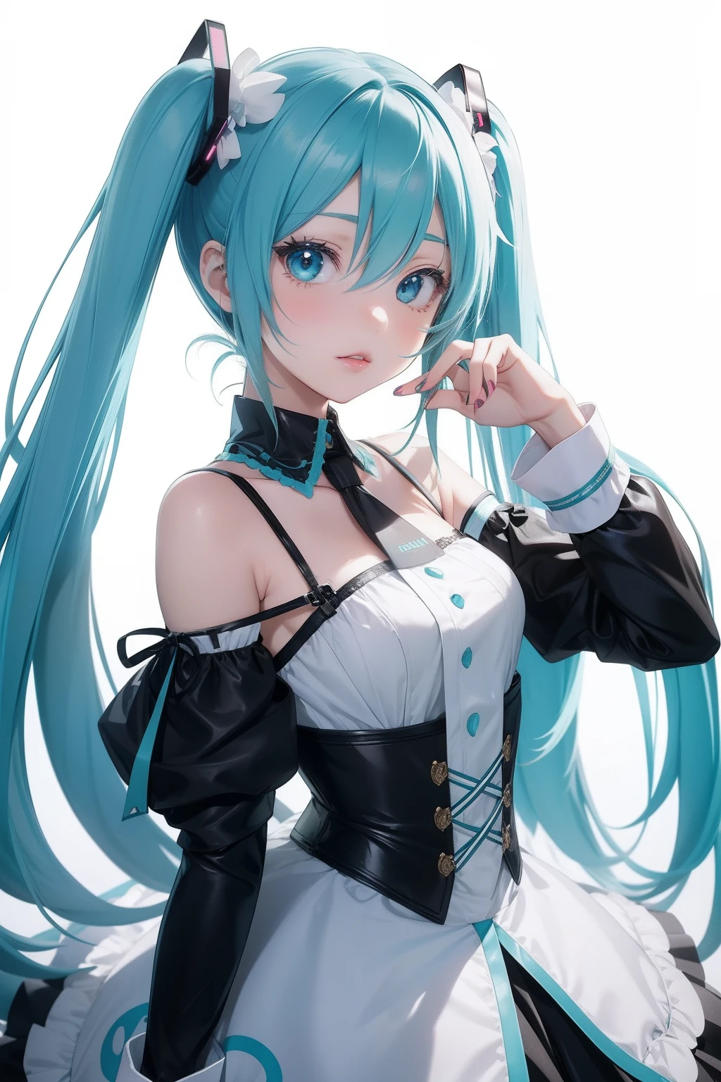 super detailed, NSFW, obra maestra, high resolution, Arte digital fotorrealista, perfect lighting, (((1 chica, perfect anatomy))), mano derecha precisa, mano izquierda precisa, cinco dedos, Estilo perfecto, shy smile, (Hatsune Miku,) Cara 3D, Grandes ojos azul verdosos claros., labios brillantes, Pelo largo azul verdoso, piel brillante, (((Colas gemelas))), accesorios para el cabello cuadrados grandes, (((vestido largo blanco))), The light highlights the lines of the body.,