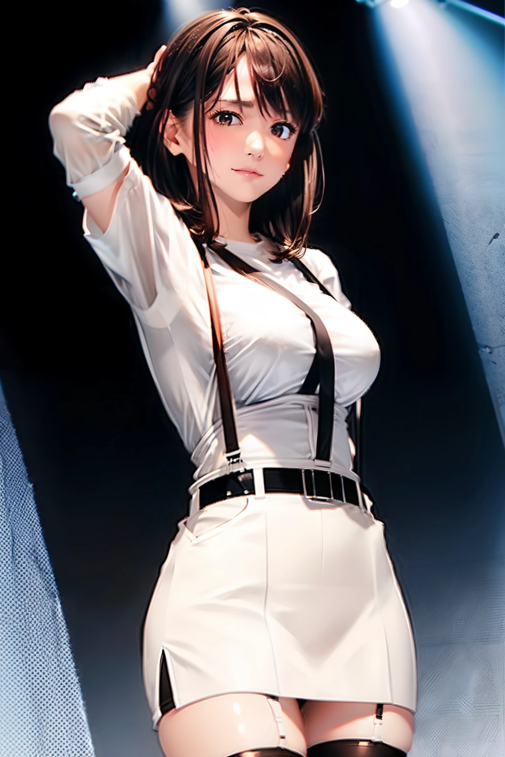 Black skirt, White cutter shirt　suspenders, Brown hair Gray eyes, Garter belt on the legs, Tight clothes, 　　 a belt　Armpit sweat　　deadpan　large full breasts　short-cut