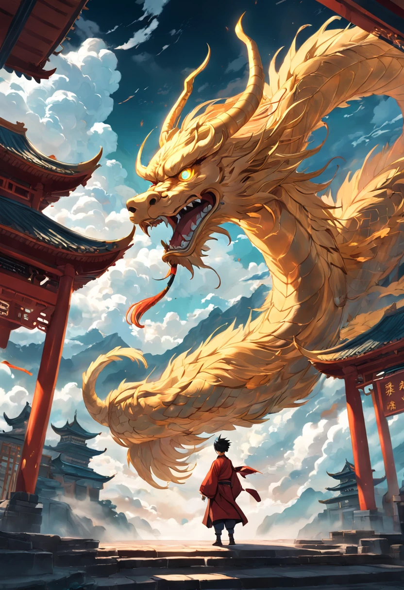 The background is a very magnificent Chinese-style building，pines，Clouds，The color atmosphere is strong，In the foreground is a man with a golden hoop rod，A circling dragon in the middle，4k画质，Manhwa Style，Light effects shine through the middle of the clouds，Chinese mythology