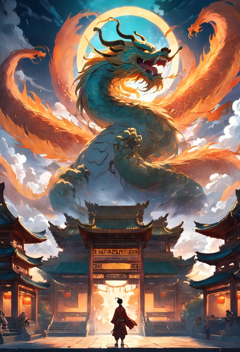 Ancient Chinese landscape,golden castle, Chinese black dragon,mountains, rivers, auspicious clouds, sunlight, masterpiece, super detail, epic composition, ultra high definition, high quality, extremely detailed, official art, uniform 8k wallpaper, super detail, 32k -- v 6