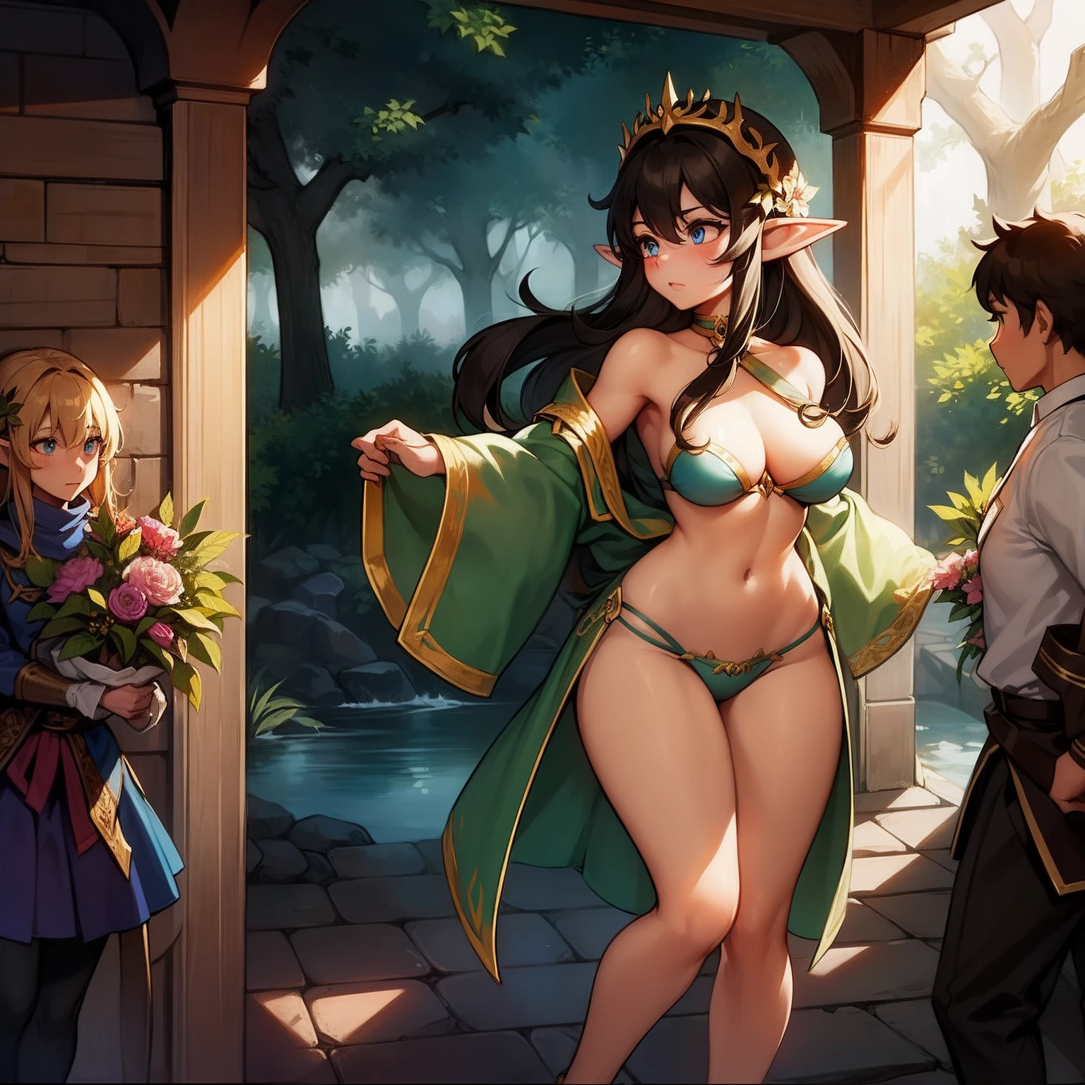 "She builds a high-quality image that stands out for her exceptional skill in the play of light and shadow. The protagonist, an enigmatic medium-breasted forest elf, is presented with brown hair adorned with golden highlights and captivating light blue eyes. Her full figure she is shown wearing a green schoolboy medieval elf outfit and a pink miniskirt, with detailed embroidery of leaves and flowers in gold thread. Magical lighting envelops the elf, enhancing her serene presence and creating an atmosphere of mystery as she subtly lifts her skirt that shows off her white panties, flowers bloom as she opens her blouse and bares her breasts, letting them fall seductively. Her hair and dress undulate gracefully, creating a choreography of shadows and movement. The image masterfully fuses medieval elements with a modern university touch, offering the viewer a window into an enchanted and magical world where beauty and magic converge."