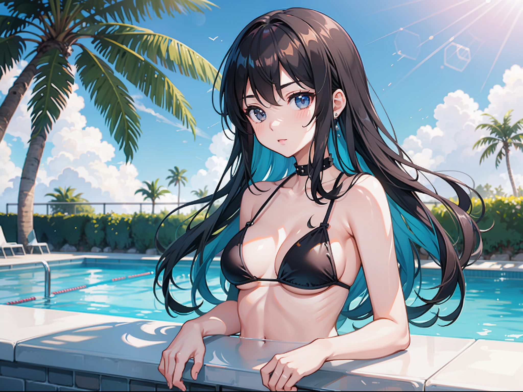 2D, (Simple background), BREAK masterpiece, Ultimate Top Quality, Ultra-detailed, Best Quality, ((kawaii)), 1girl in, Cute, Black hair, (Black Bikini:1.1), (in poolside), Sunshine, Various hairstyles, (Lens Flare:0.6), (White glow:1), (light reflections:1.2),