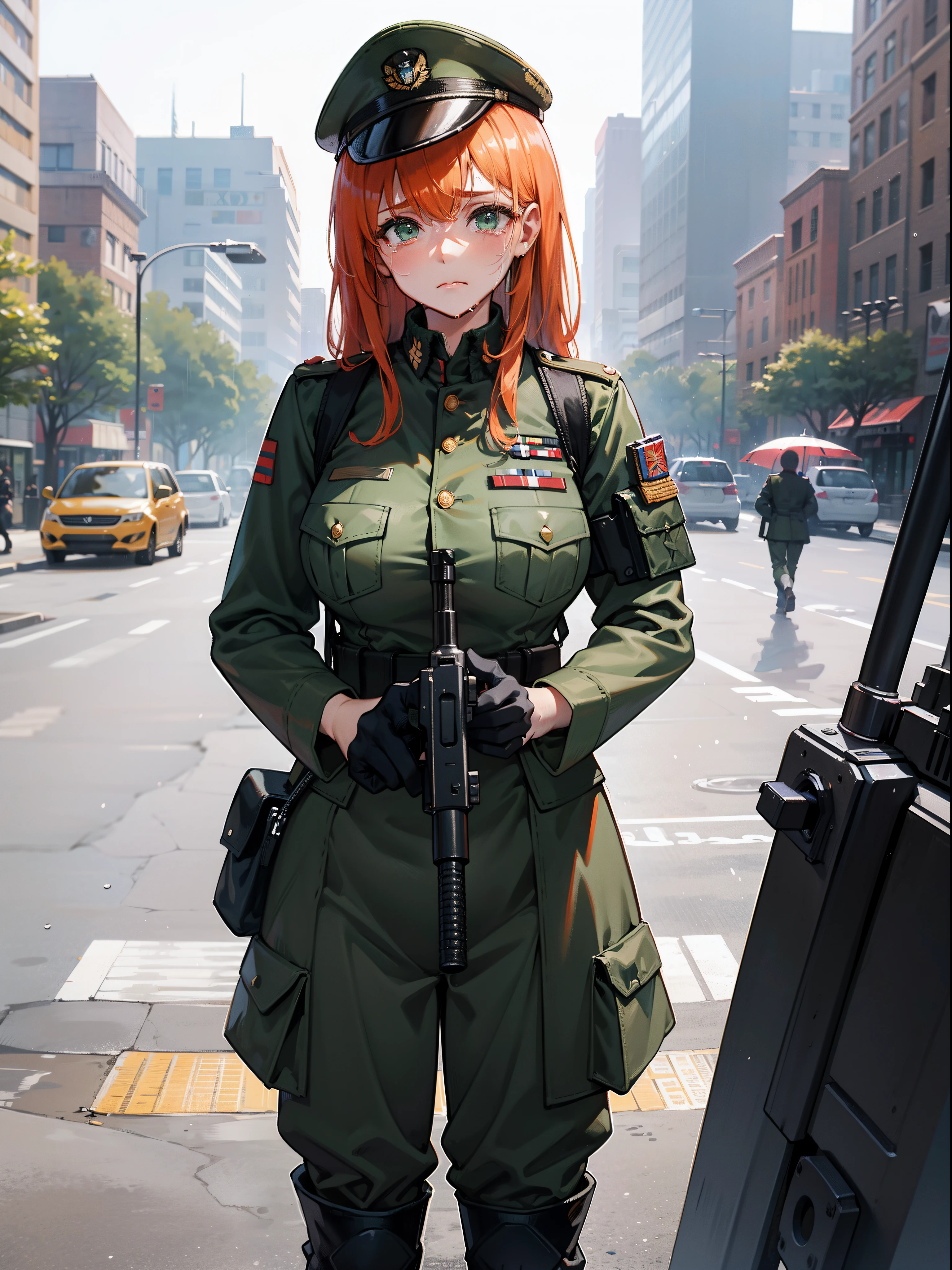 Soldiers , 20 years old , Female with orange hair , Big , large full breasts , Muscular ,Green-eyed , M4 rifle, M203 grenade launcher launched M4 , Holding with both hands , Crying , watery eyes , sorrow , Downtown , Sateen , overcast , Crying , Tall soldiers,Wearing a military helmet,Wearing military uniforms, weapons, military uniforms, combat uniforms , U.S. Marine Corps , U.S. Marine Corps , Rainy day , Sad face , sad look , Downtown , Standing next to a military truck ,