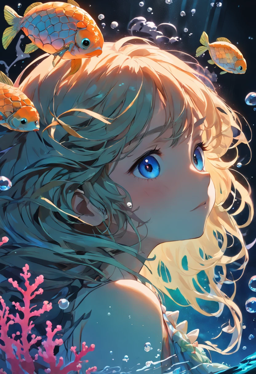((masterpiece,best quality)),(negative space:1.2),(1girl, solo:1.4),beautiful detailed eyes,floating hair, underwater, bubble, fish, (jellyfish), fluorescence,sea turtle, seaweed,