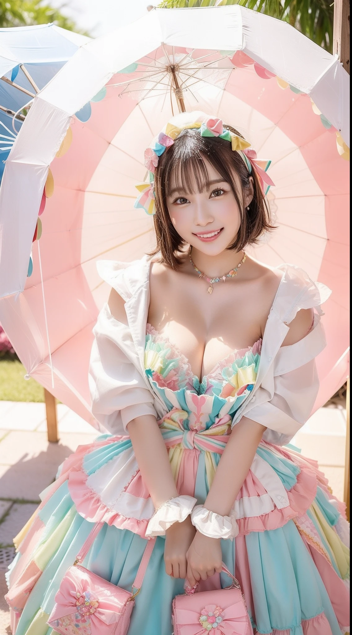 Fashion: Dress up in a colorful ensemble reminiscent of candy wrappers, Bright pastel colors and playful accessories cleavage、huge tit、. 2. Pose: Pose whimsically while holding a giant lollipop, Show off a carefree and fun attitude. 3. Background: Pose in front of a candy-themed background filled with oversized candies, cotton candy clouds, and Candy Kane Tree. 4. Candy Throne: Sit on a candy-style throne made with oversized gum drops, Surrounded by candy treasures. 5. Cupcake Delight: Lean on a giant cupcake prop, Wear clothes that match the color and frosting of the cupcake. 6. Rainbow Pathway: Walk along iridescent paths made of candy pieces, Exudes a sense of surprise and excitement. 7. Candy Rain: With colorful umbrellas「Candy Rain」Capture the moment of, Standing under a shower of falling candies. 8. Giant Ice Cream Cone: Pose beside a giant ice cream cone prop, In an outfit featuring ice cream cone patterns and colors. 9. Candy Wonderland Swing: Swing playfully in candy cane swing in a dreamy landscape of candy tree and candy floss clouds. 10. Gummy Bear Garden: Sit in the garden of oversized gummy bears, Wearing a gummy bear-themed costume that matches the color of the candy garden