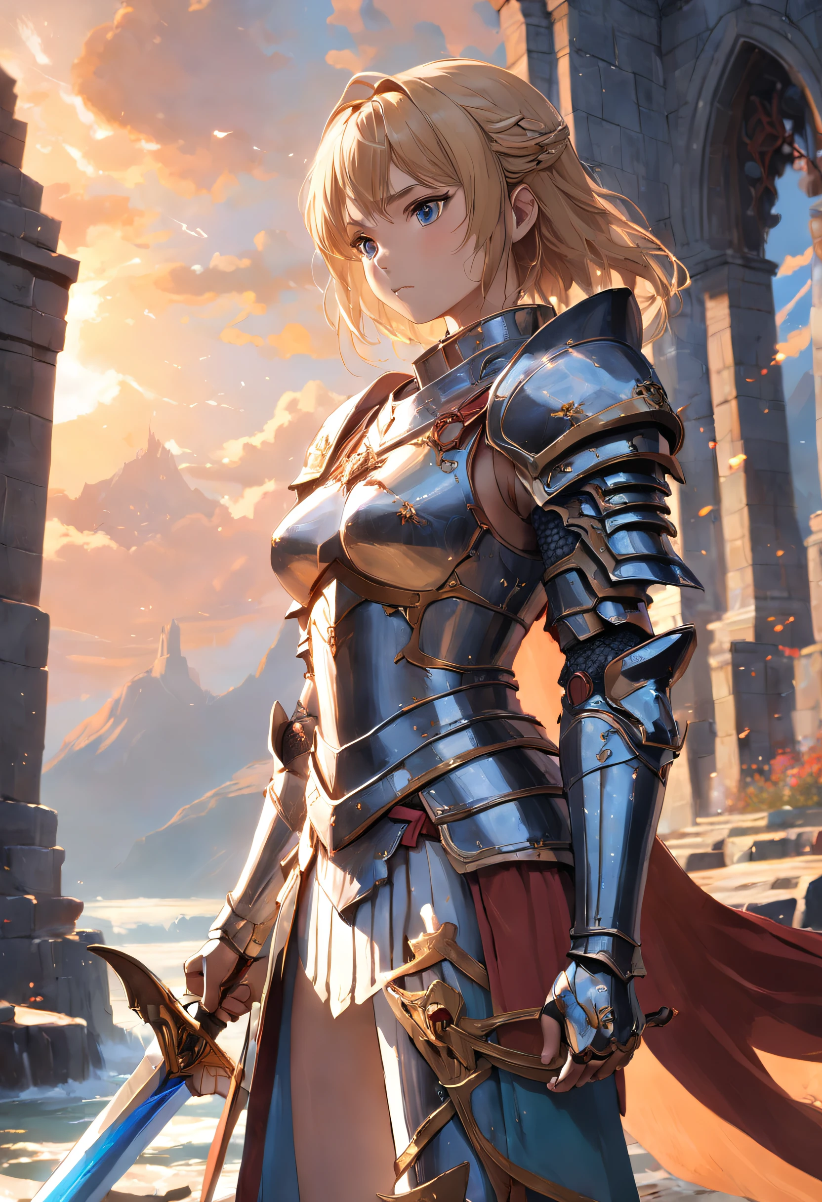 (extremely detailed CG unity 16k wallpaper:1.1), (Denoising strength: 1.45), (tmasterpiece:1.37), An intense, Close-up depiction of a woman in knightly armor. She stood on a stone bridge, The walls soar into the sky, Homem-Imponente, Behind him is magnificent. In her hand, she is holding a sword, Its edges sparkle in softness, The glow of the setting sun fades away. Her face was resolute, Show her inner strength and courage. Intricate details on the armor, Castle, And the sword brings the scene to life, realistic quality., god rays, sparkle, glowing light