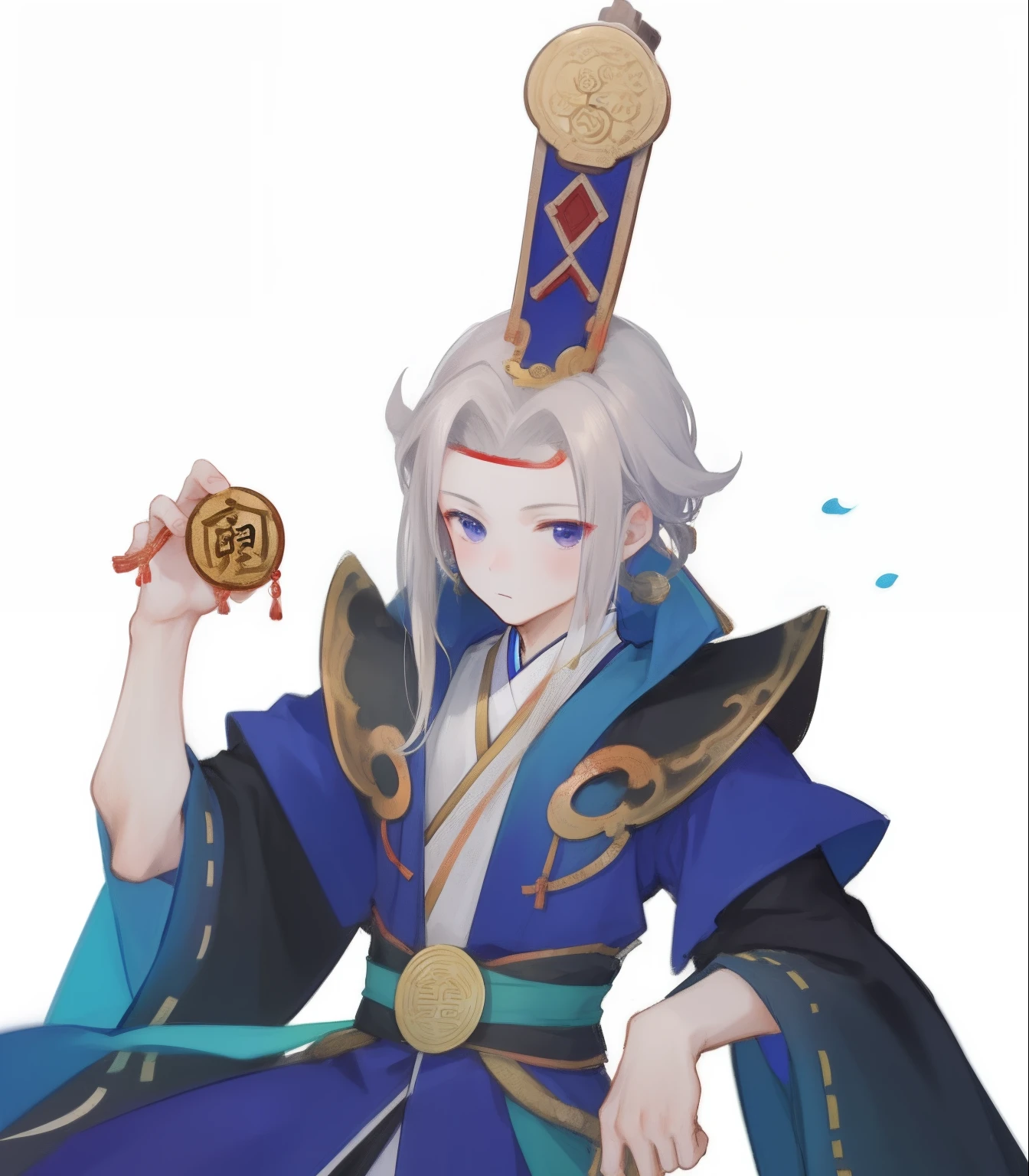 1 boy, Chinese style, Ancient Chinese clothing, Hanfu, Copper coins in hand,tchibi,{Best quality}, {{Masterpiece}}, {A high resolution}, Original, Extremely detailed 8k wallpaper, {An extremely delicate and beautiful},,