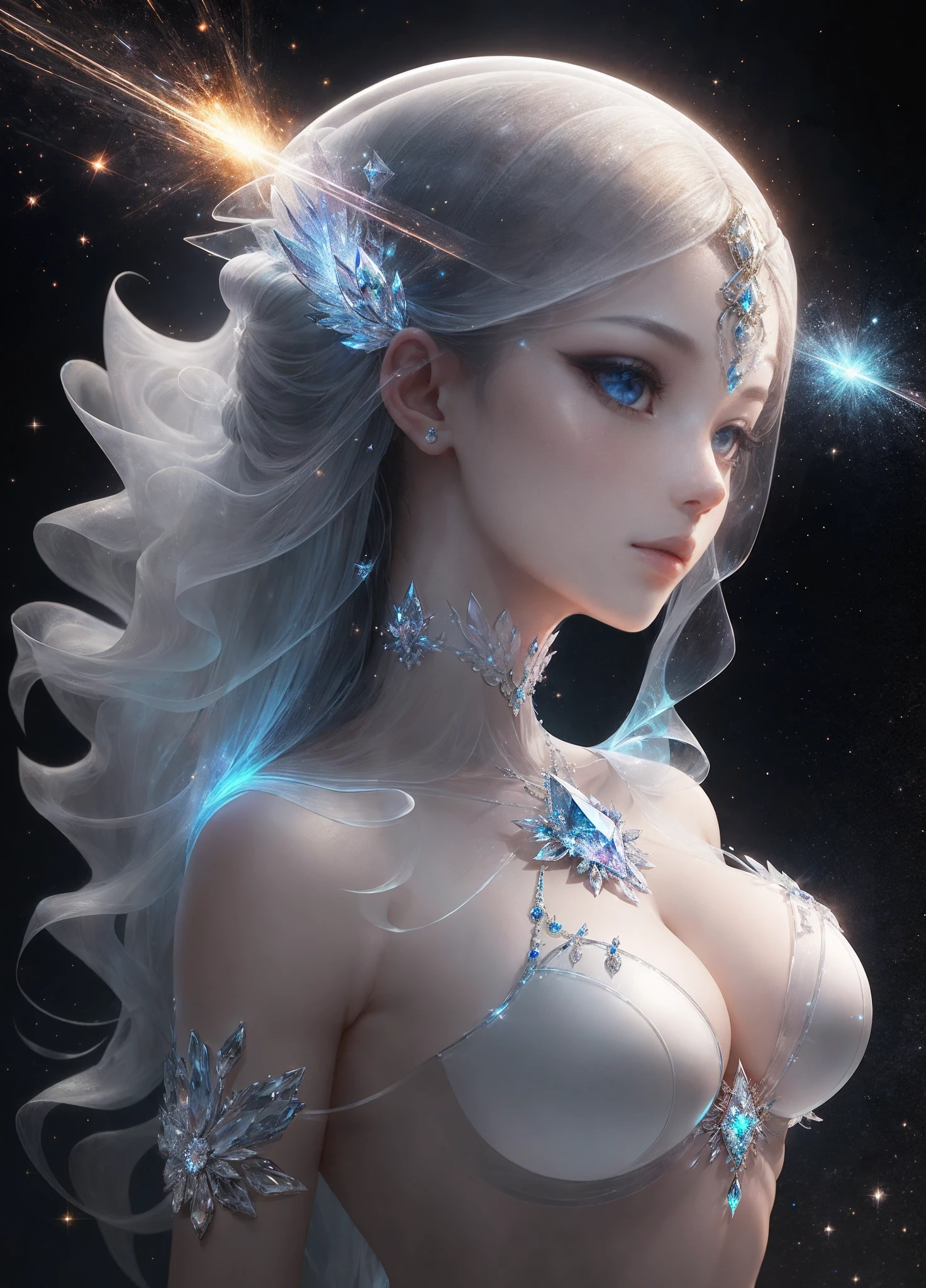 (((crystal goddess))),Delicate face,The face of Eros,Chinese handsome,Galaxy and stars,sparkling diamonds,Big breasts,glowing skirt,Taller,Irrigating color,The Arthur effect, Transparent body, Translucent molten glass gradient, caustic, transparent glass texture, irritating color, designed by dietrams, simple, glows in high detail, white back, industrial design, studio lit, C4D, OC renderer, clean shadows --auto --s2
