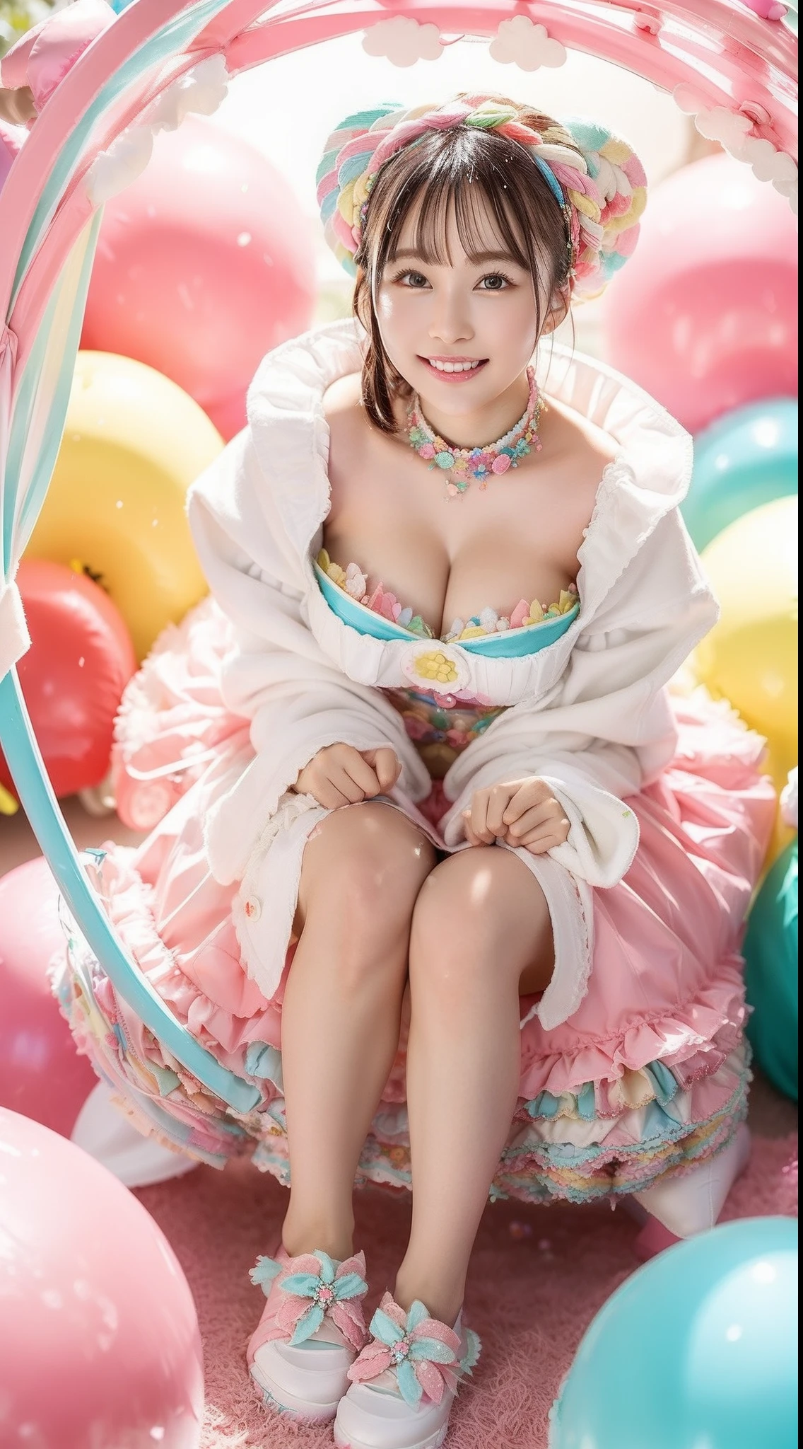Fashion: Dress up in a colorful ensemble reminiscent of candy wrappers, Bright pastel colors and playful accessories cleavage、huge tit、sixteen years old. 2. Pose: Pose whimsically while holding a giant lollipop, Show off a carefree and fun attitude. 3. Background: Pose in front of a candy-themed background filled with oversized candies, cotton candy clouds, and Candy Kane Tree. 4. Candy Throne: Sit on a candy-style throne made with oversized gum drops, Surrounded by candy treasures. 5. Cupcake Delight: Lean on a giant cupcake prop, Wear clothes that match the color and frosting of the cupcake. 6. Rainbow Pathway: Walk along iridescent paths made of candy pieces, Exudes a sense of surprise and excitement. 7. Candy Rain: With colorful umbrellas「Candy Rain」Capture the moment of, Standing under a shower of falling candies. 8. Giant Ice Cream Cone: Pose beside a giant ice cream cone prop, In an outfit featuring ice cream cone patterns and colors. 9. Candy Wonderland Swing: Swing playfully in candy cane swing in a dreamy landscape of candy tree and candy floss clouds. 10. Gummy Bear Garden: Sit in the garden of oversized gummy bears, Wearing a gummy bear-themed costume that matches the color of the candy garden