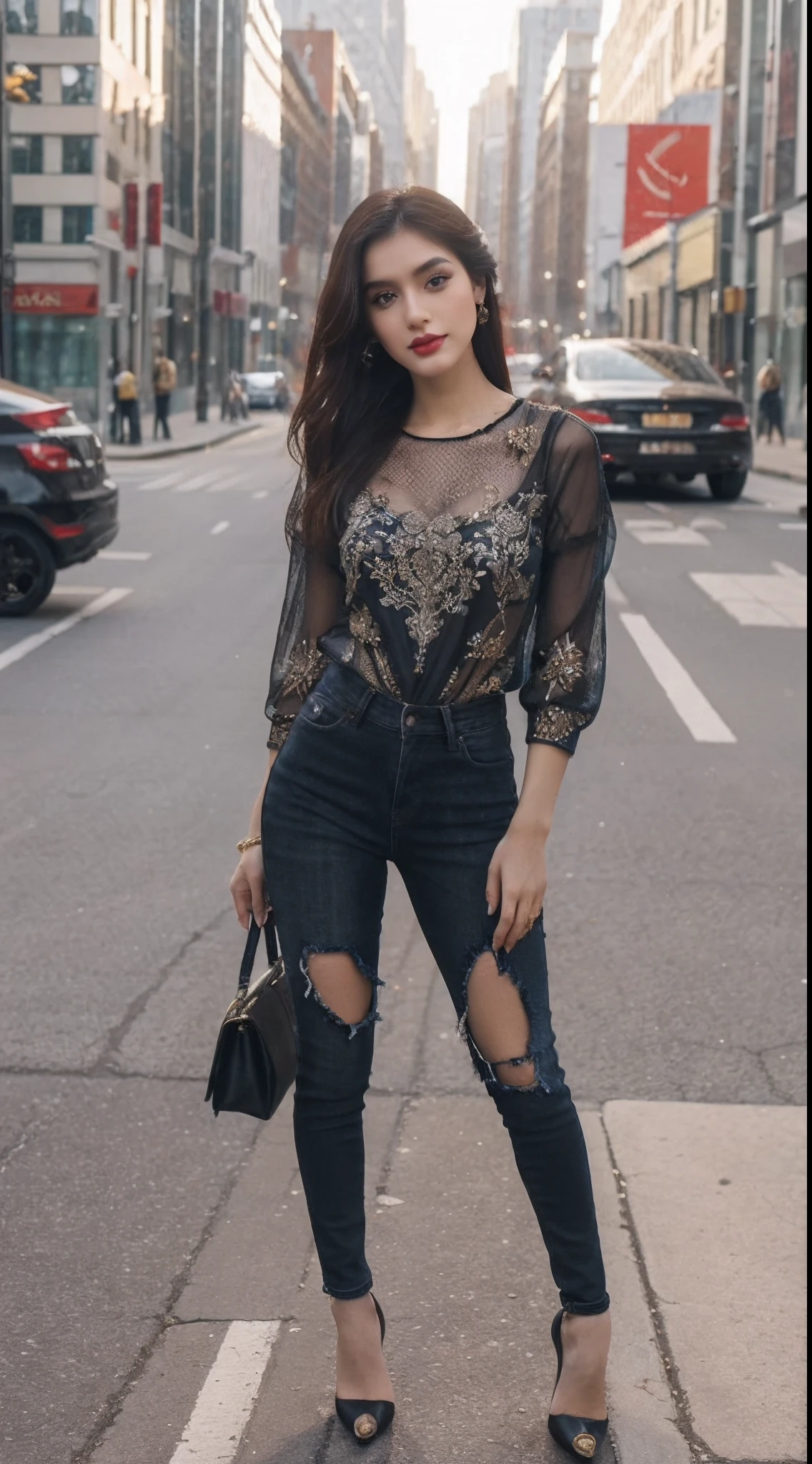 there is a girl standing on the street in front of a sign, in city street, candid picture, street pic, stylish pose, standing in road, beautiful pose, beautiful girl, at college, (beautiful indian dress, black jeans, beautiful top), beautiful face, all body cover by dress, (beautiful indian dress), (((full body shot))), (Masterpiece:1.1), ultra realistic face, hyperrealistic, hyperdetailed, sharpen, intricate, extremely detailed, beautiful face, cute face mesh, pretty face mesh, sharpen, detailed face, detailed eyes, detailed lips, red lips, high heel, perfect body, perfect hight,