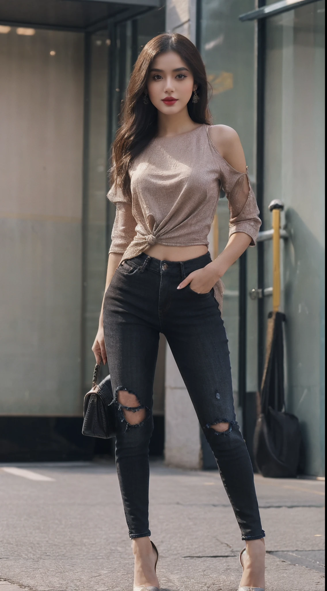 there is a girl standing on the street in front of a sign, in city street, candid picture, street pic, stylish pose, standing in road, beautiful pose, beautiful girl, at college, (beautiful indian dress, black jeans, beautiful top), beautiful face, all body cover by dress, (beautiful indian dress), (((full body shot))), (Masterpiece:1.1), ultra realistic face, hyperrealistic, hyperdetailed, sharpen, intricate, extremely detailed, beautiful face, cute face mesh, pretty face mesh, sharpen, detailed face, detailed eyes, detailed lips, red lips, high heel, perfect body, perfect hight,