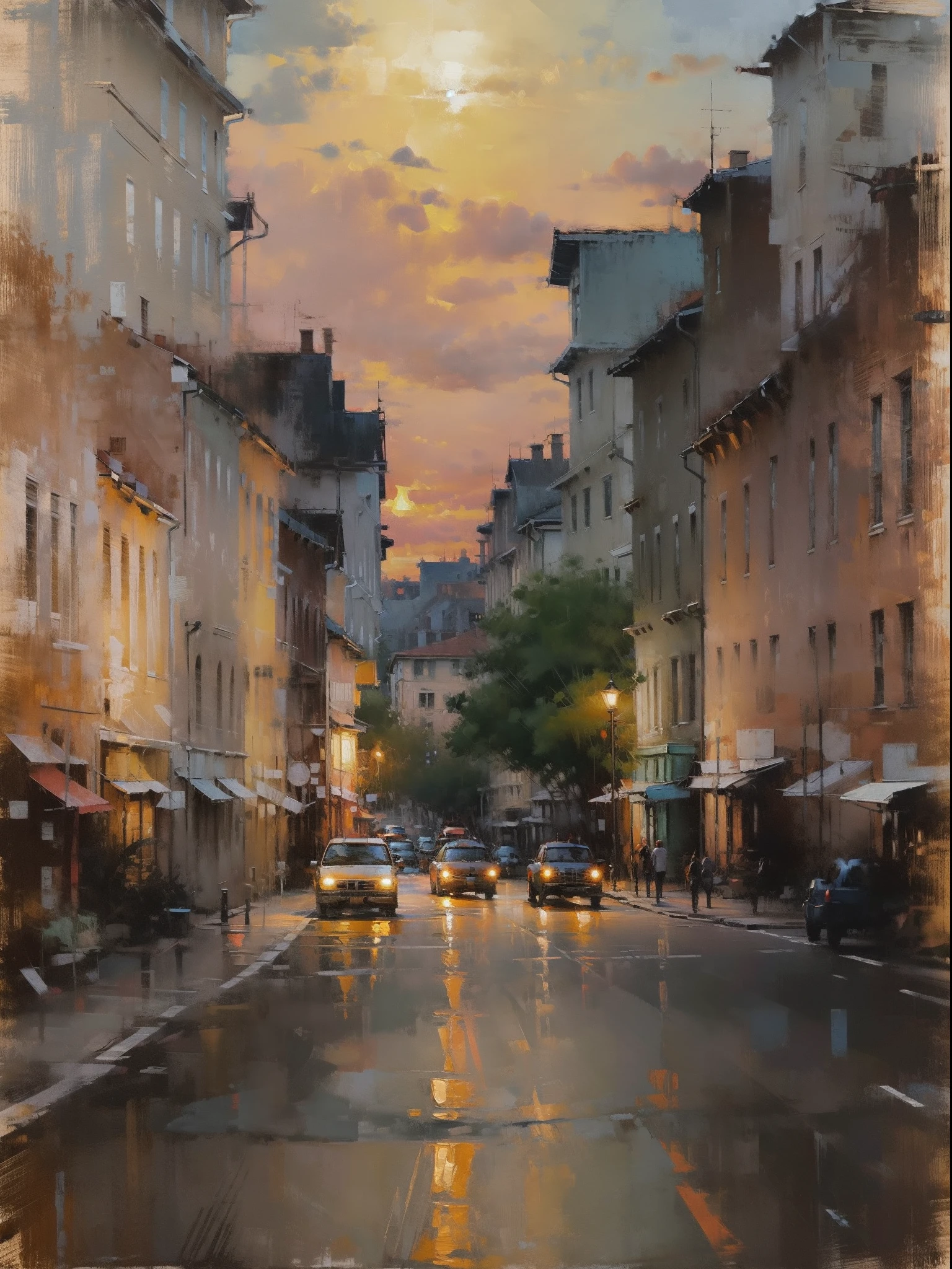 Cityscape Print , stree and old Colonial building, road lamp, cars, sunset, vicheals. Oil Painting