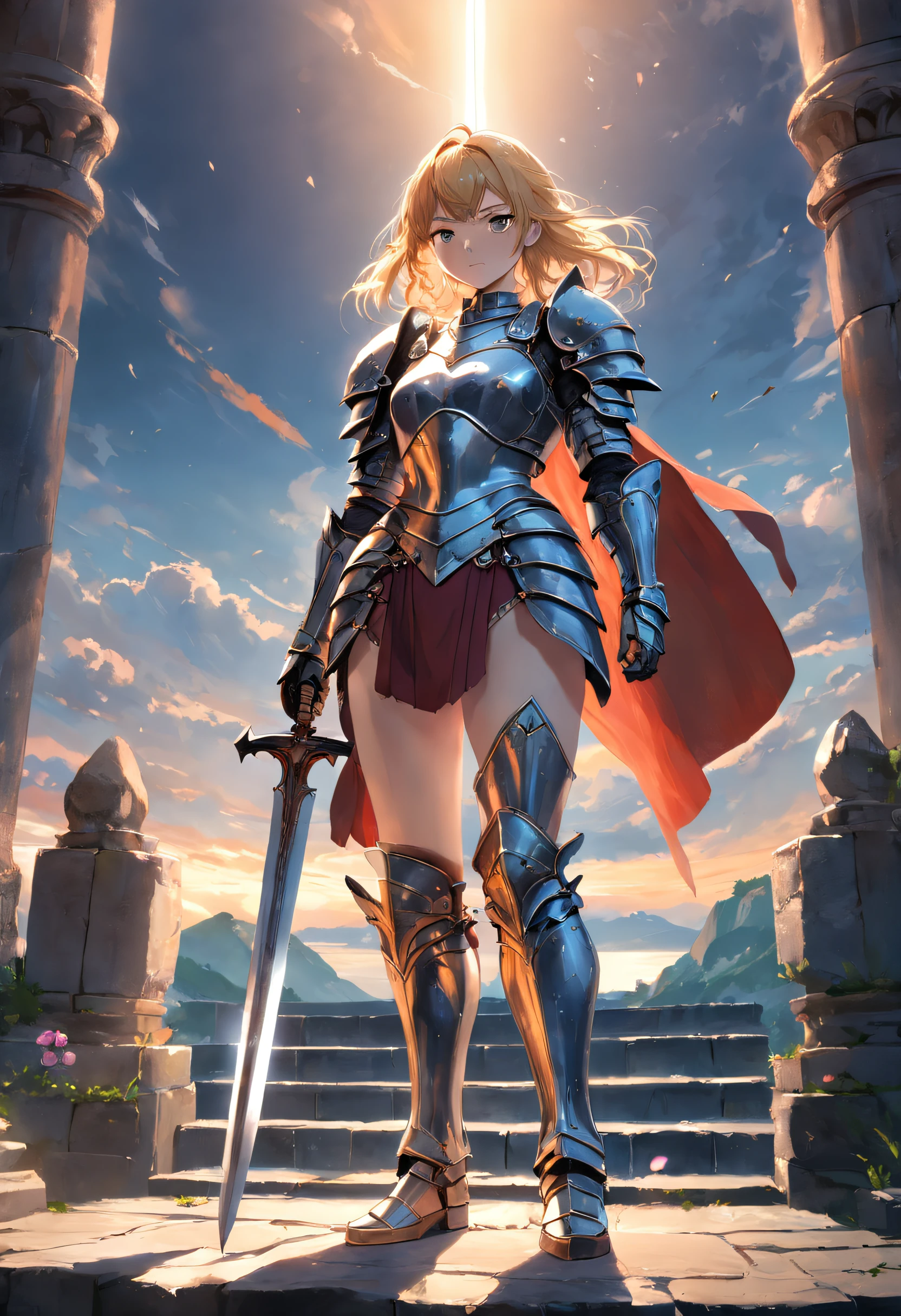(extremely detailed CG unity 16k wallpaper:1.1), (Denoising strength: 1.45), (tmasterpiece:1.37), An intense, Close-up depiction of a woman in knightly armor. She stood on a stone bridge, The walls soar into the sky, Homem-Imponente, Behind him is magnificent. In her hand, she is holding a sword, Its edges sparkle in softness, The glow of the setting sun fades away. Her face was resolute, Show her inner strength and courage. Intricate details on the armor, Castle, And the sword brings the scene to life, realistic quality., god rays, sparkle, glowing light
