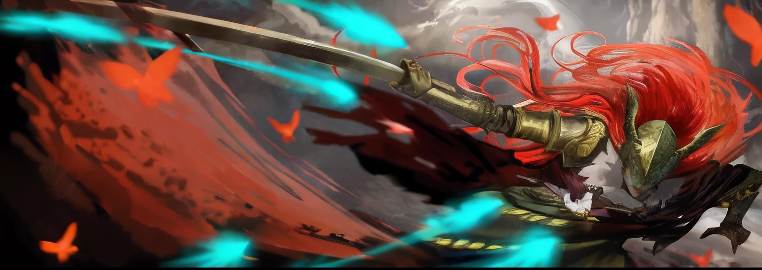 Anime - Stylistic image of a woman with red hair holding a sword, demon slayer artstyle, Anime epic artwork, Epic fantasy digital art style, In the art style of Mohrbacher, 2. 5 D CGI anime fantasy artwork, advanced digital anime art ”, brandishing powerful sword, The long sword in her hand, Elden Law Ring,valkyrie,Marlenia,