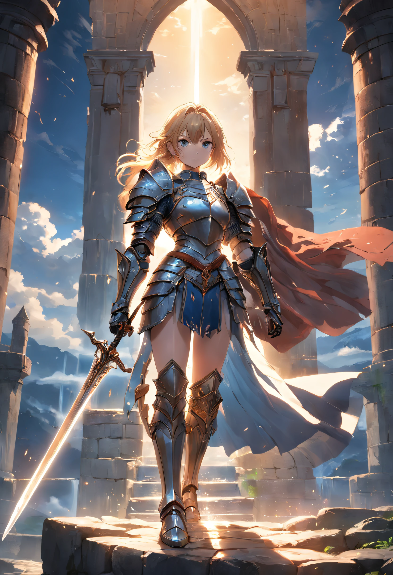 A woman in armor stands on a stone platform with a sword - SeaArt AI
