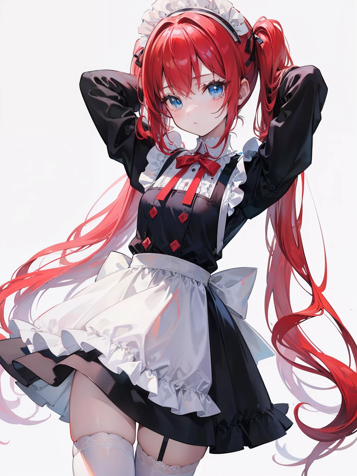 red hair,blue eyes,twintails,maid, long hair, long sleeves, gothic, solo, loli,Short skirt, white stockings,{{best quality}}, {{masterpiece}}, {{ultra-detailed}}, {illustration}, {detailed light}, {an extremely delicate and beautiful},little girl,cute,