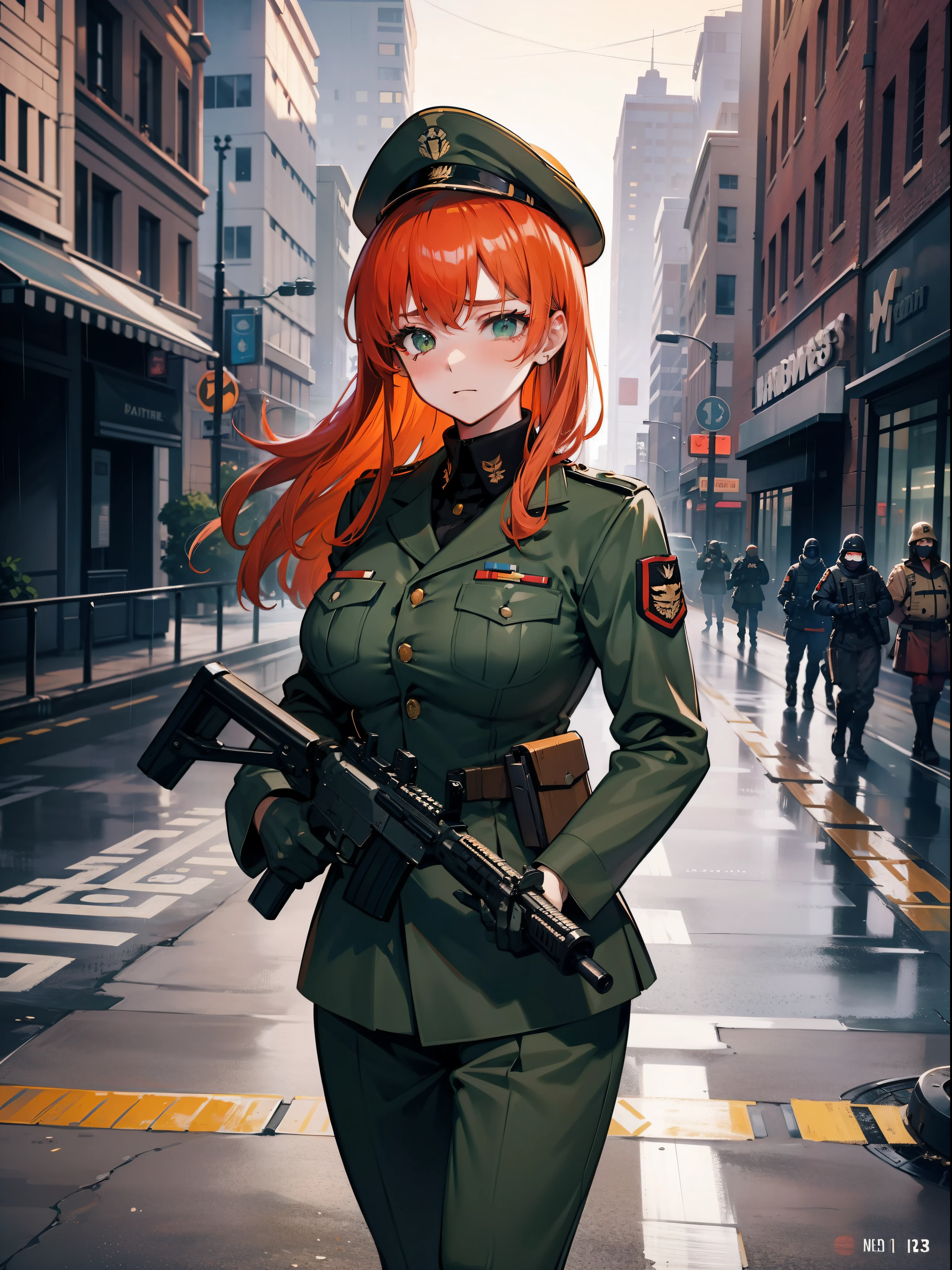Soldiers , 20 years old , Female with orange hair , Big , large full breasts , Muscular ,Green-eyed , M4 rifle, M203 grenade launcher launched M4 , Holding with both hands , Crying , watery eyes , sorrow , Downtown , Sateen , overcast , Crying , Tall soldiers,Wearing a military helmet,Wearing military uniforms, weapons, military uniforms, combat uniforms , U.S. Marine Corps , U.S. Marine Corps , Rainy day , Sad face , sad look , Downtown , Standing next to a military truck ,