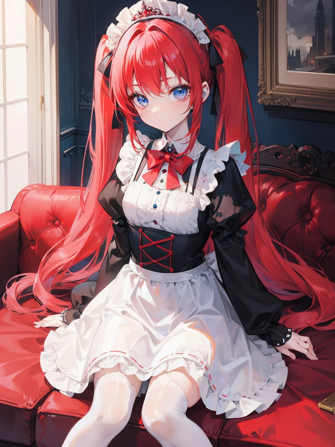 red hair,blue eyes,twintails,maid, long hair, long sleeves, gothic, solo, loli,Short skirt, white stockings,{{best quality}}, {{masterpiece}}, {{ultra-detailed}}, {illustration}, {detailed light}, {an extremely delicate and beautiful}, girl,cute,