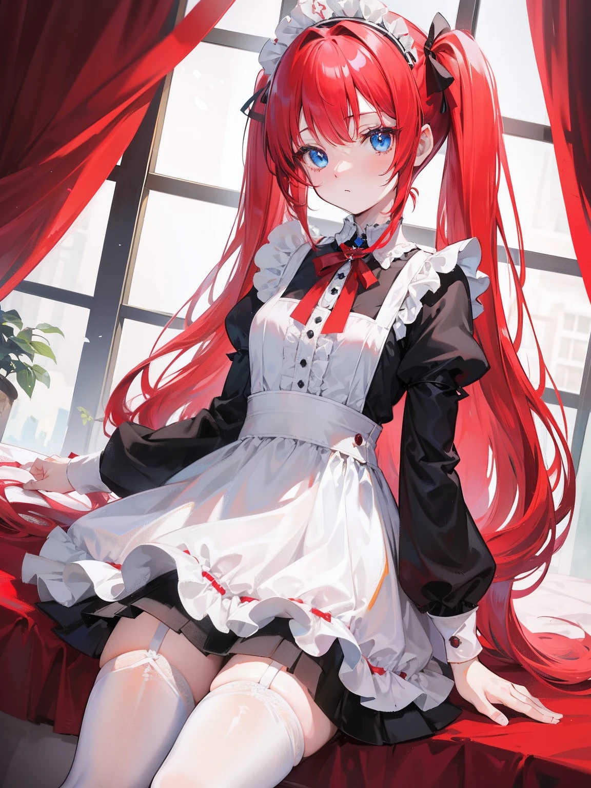 red hair,blue eyes,twintails,maid, long hair, long sleeves, gothic, solo, loli,Short skirt, white stockings,{{best quality}}, {{masterpiece}}, {{ultra-detailed}}, {illustration}, {detailed light}, {an extremely delicate and beautiful},little girl,cute,dragon horns