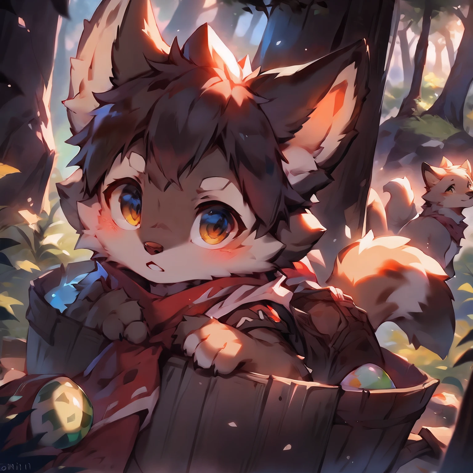 A curious male wolf cub pokes its head out of a cozy fox den in the forest. He has gray-white fur, bushy tail, And cheer up the big fluffy ears. He wears a white scarf. His eyes were bright and surprised as he looked out of the study in the lush woods。, with a sunbeam coming through the trees. Small birds fly nearby，And in the distance there was a deer passing by. The wolf cub was excited, Desire to express, Get ready to explore the outside world.
break
anthropology,Furry,feral,(Digital media \(artwork of a\):1.2),(hi，It's nothing,absurd res:1.2),Perfect anatomy,Anatomically correct,Detailed,Detailed face,Detailed eyes,(Realistic fur,Detailed fur:1.25),Detailed background,amazing background.
Break
(author：Puinki \(artist\):1.2),(author：Unreal Land,author：Sumi Kuroi,author：Milk Tiger 1145,author：Morkey,author：Emolga 1,Through the egg capsule:1.2),(author：Xia Huaiting:0.8),(by Pino Daeni:0.8),(by Hioshiru:0.8),(by Chunie:0.8).