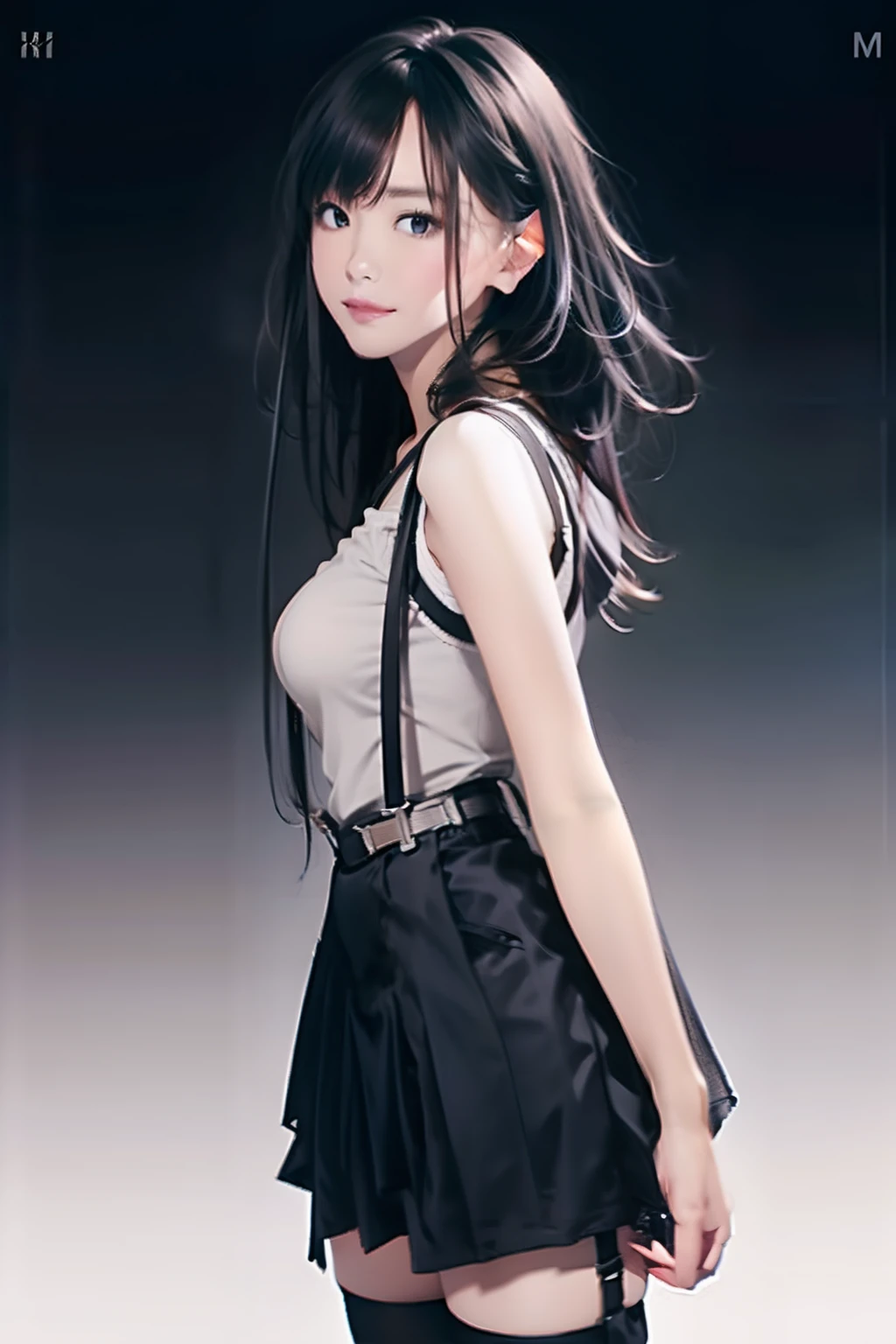 a black skirt, , Tank tops suspenders, Long Black Hair, Gray eyes, holster, Garter belt on the legs, , Moderate breasts and tight clothes, both sides Behind bobby