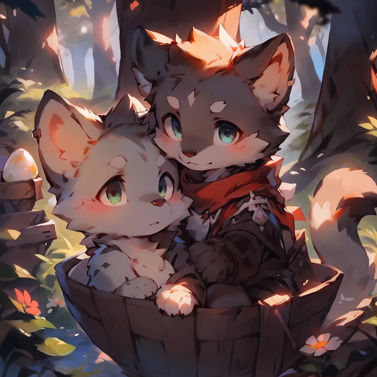 A curious male wolf cub pokes its head out of a cozy fox den in the forest. He has gray-white fur, bushy tail, And cheer up the big fluffy ears. He wears a white scarf. His eyes were bright and surprised as he looked out of the study in the lush woods。, with a sunbeam coming through the trees. Small birds fly nearby，And in the distance there was a deer passing by. The wolf cub was excited, Desire to express, Get ready to explore the outside world.
break
anthropology,Furry,feral,(Digital media \(artwork of a\):1.2),(hi，It's nothing,absurd res:1.2),Perfect anatomy,Anatomically correct,Detailed,Detailed face,Detailed eyes,(Realistic fur,Detailed fur:1.25),Detailed background,amazing background.
Break
(author：Puinki \(artist\):1.2),(author：Unreal Land,author：Sumi Kuroi,author：Milk Tiger 1145,author：Morkey,author：Emolga 1,Through the egg capsule:1.2),(author：Xia Huaiting:0.8),(by Pino Daeni:0.8),(by Hioshiru:0.8),(by Chunie:0.8).