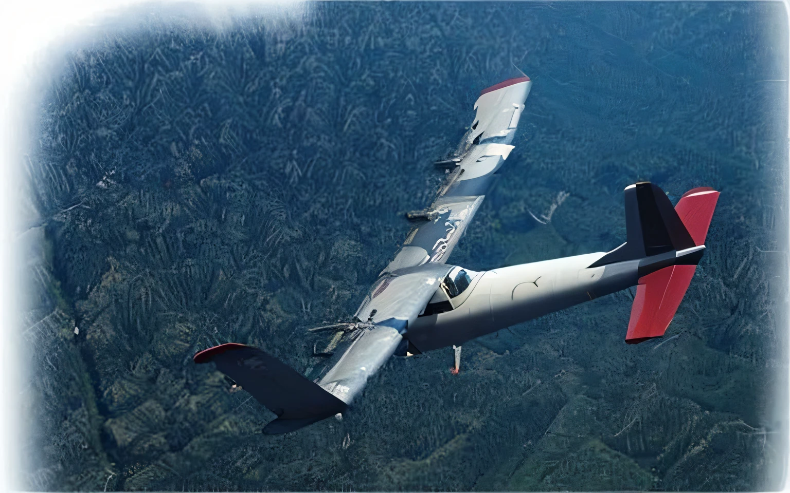 There is a small plane flying in the sky, UAVs, strafing attack aircraft, dipstick tail, Planes, the photo shows a large, environmental shot, airborne view, aerial shot, Flying debris, ariel view, fused aircraft parts, help, viral photo, mid closeup, top down shot, Close up from above, 3/4 view from below