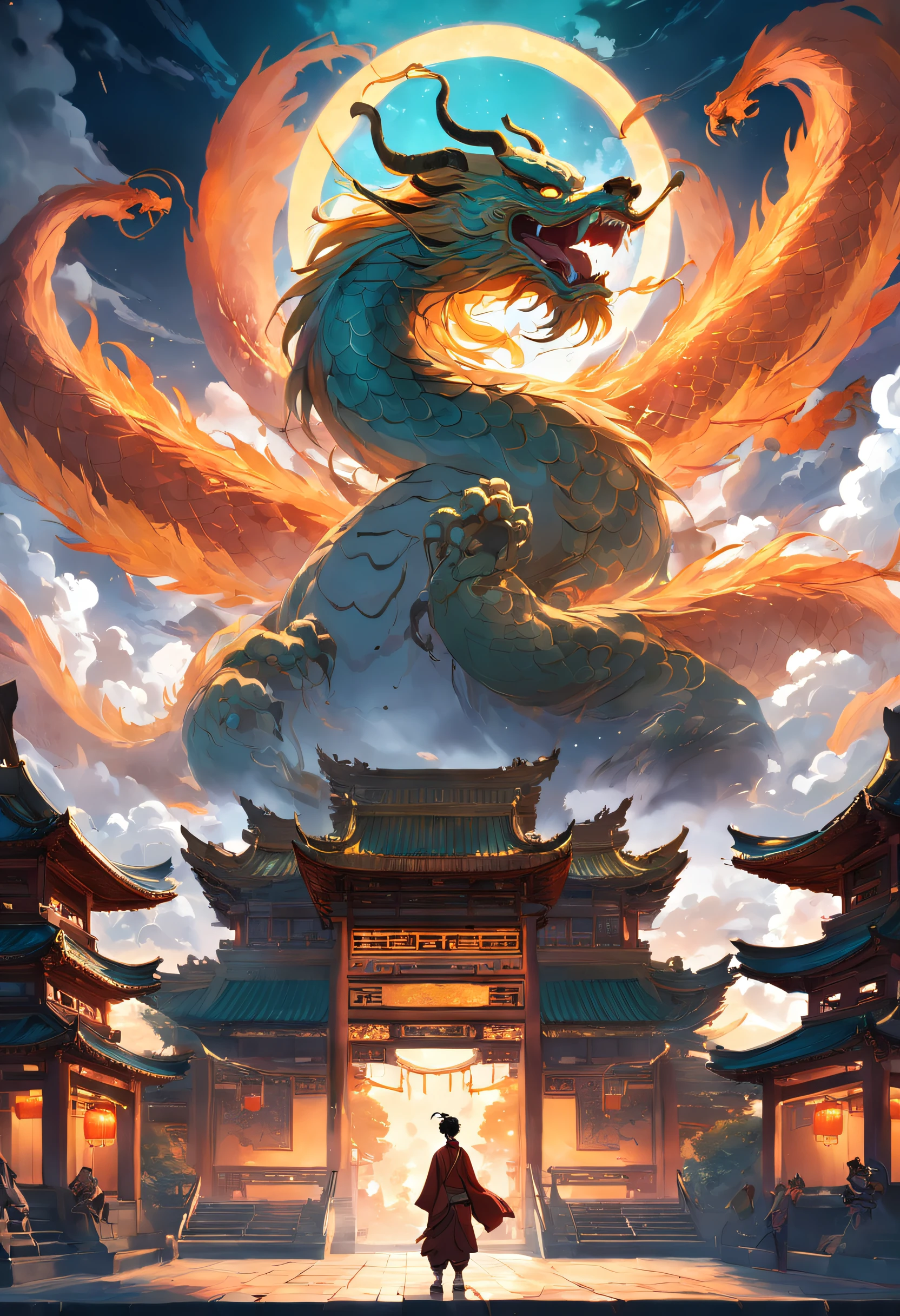 The background is a very magnificent Chinese-style building，pines，Clouds，The color atmosphere is strong，In the foreground is a man with a golden hoop rod，A circling dragon in the middle，4k画质，Manhwa Style，Light effects shine through the middle of the clouds，Chinese mythology
